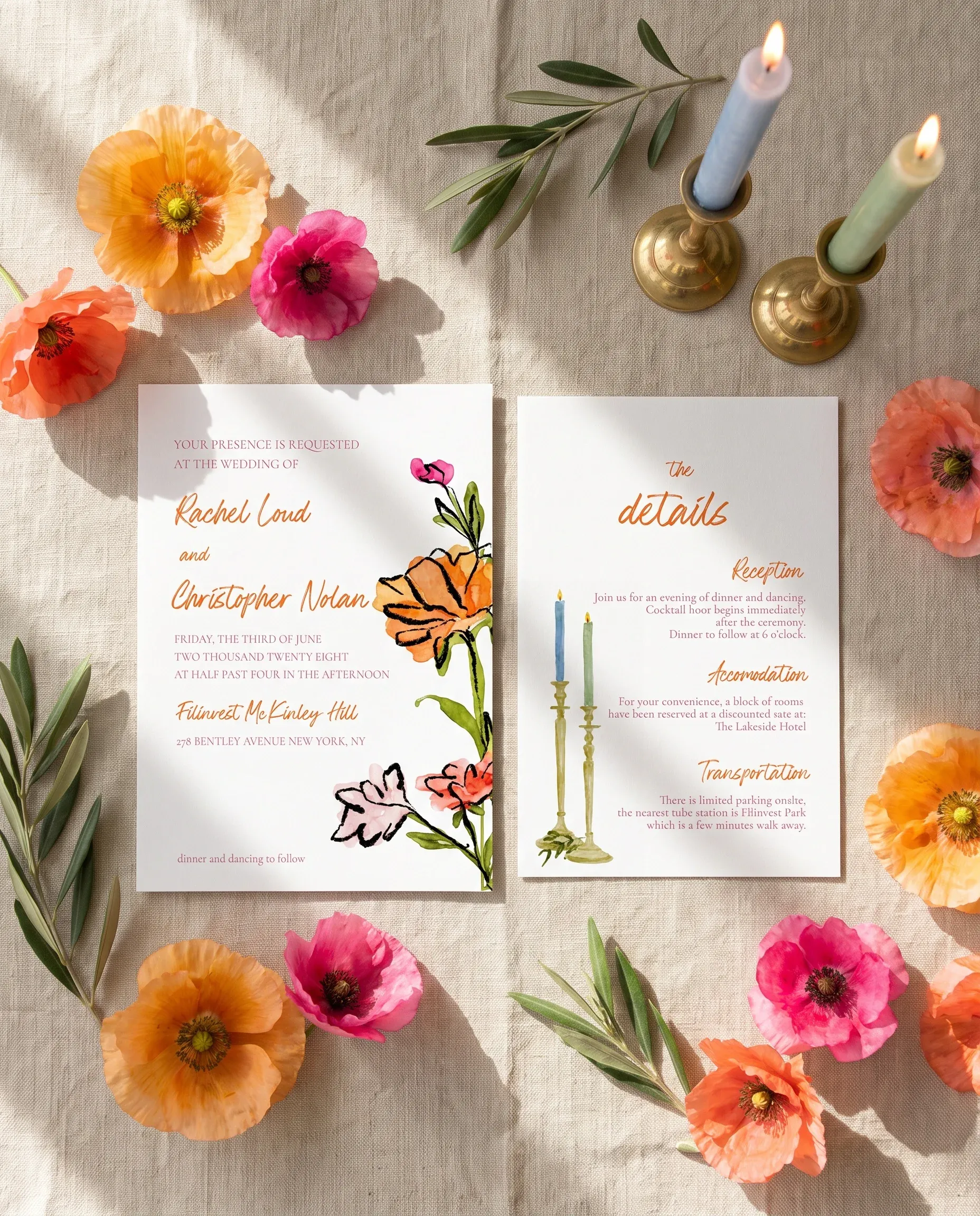 Poppy Court wedding invitation suite — invitation and details card shown in a flat lay, wedding details card.