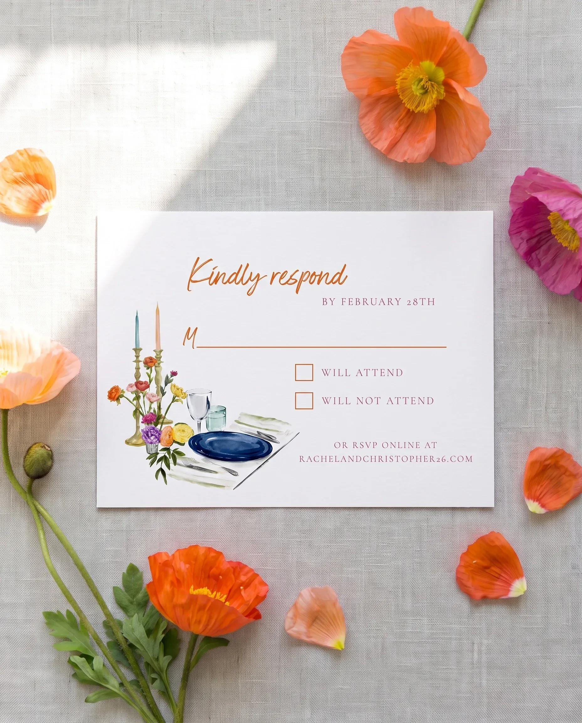 Poppy Court wedding invitation suite — RSVP card shown in a flat lay, photographed under soft overhead natural light, wedding RSVP cards.