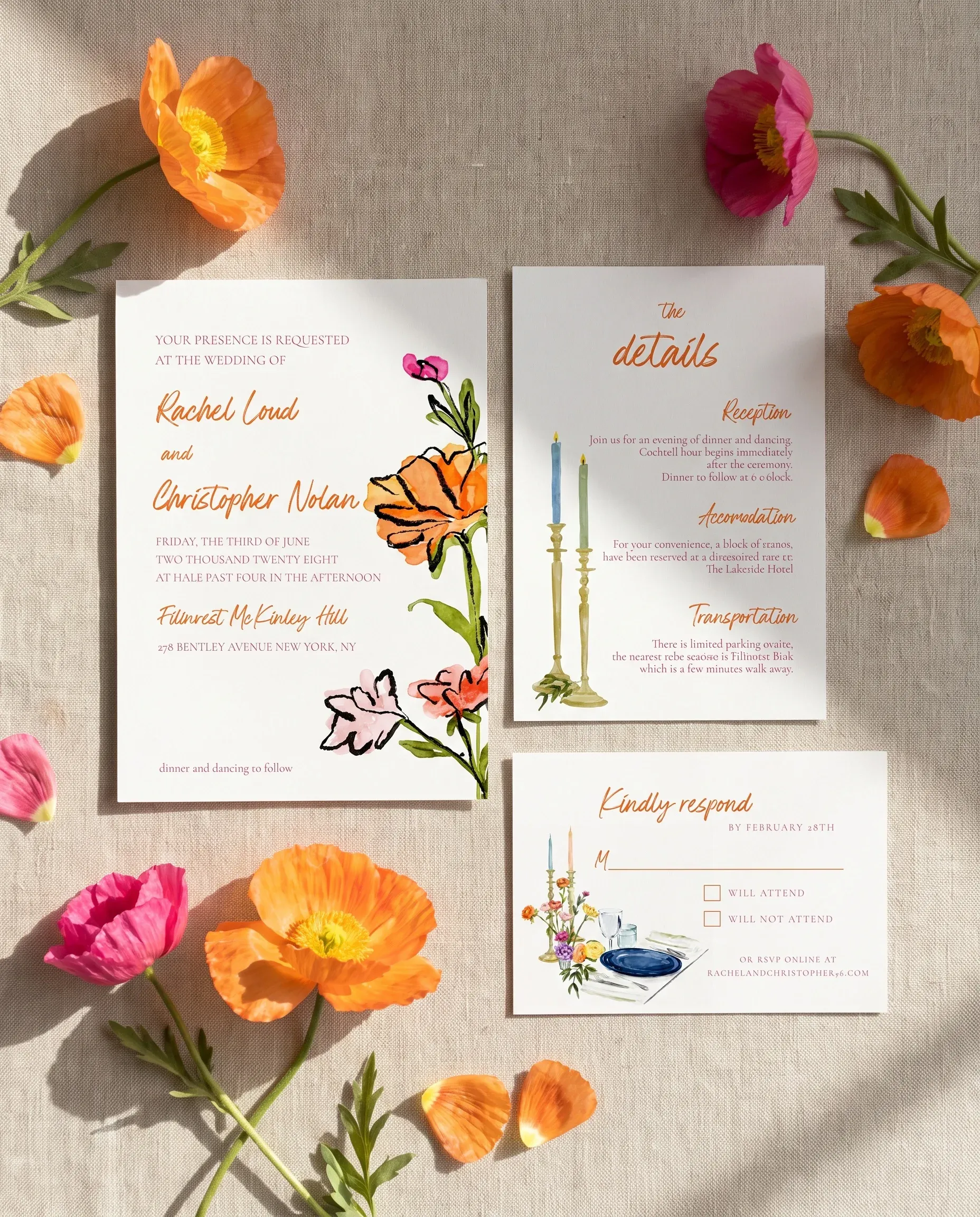 Poppy Court wedding invitation suite — invitation, details card and RSVP shown in a flat lay, wedding invitation templates