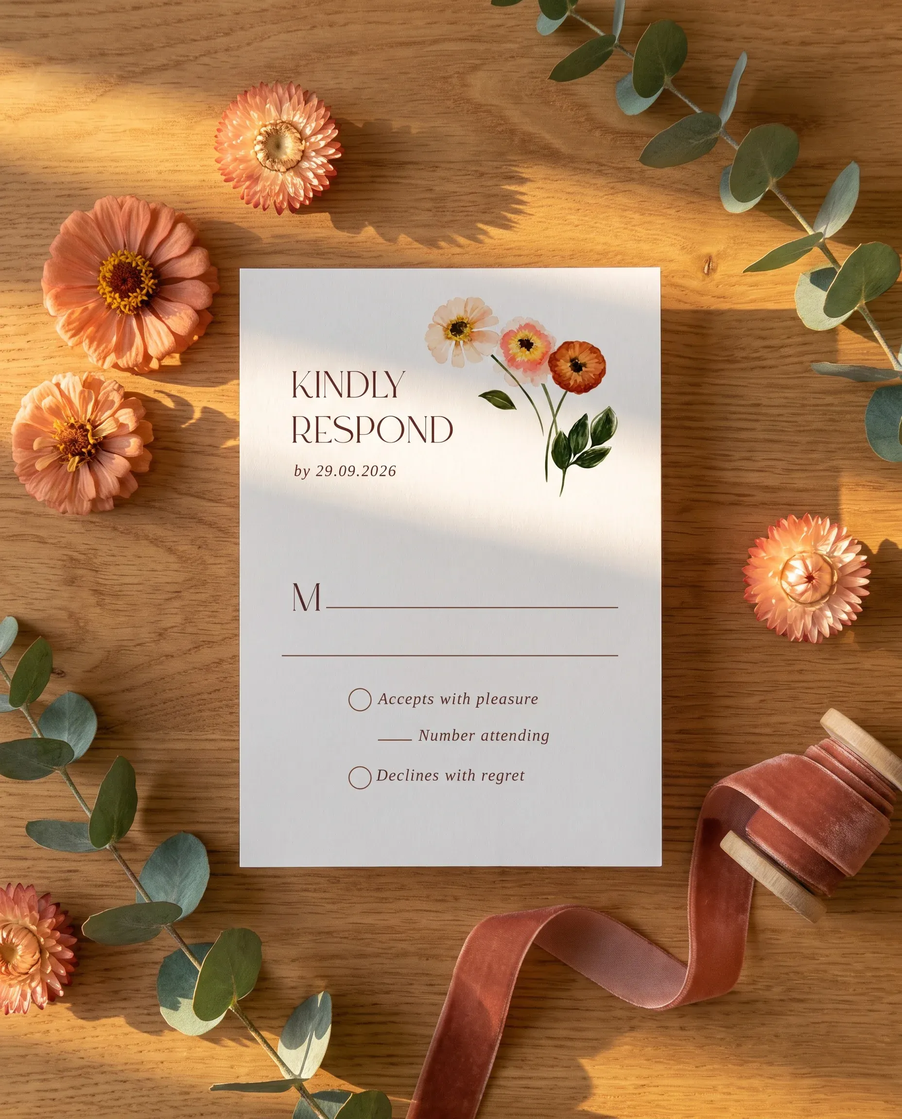 Eucalyptus Bloom wedding invitation suite — RSVP card shown in a flat lay with soft overhead natural light, wedding RSVP cards.