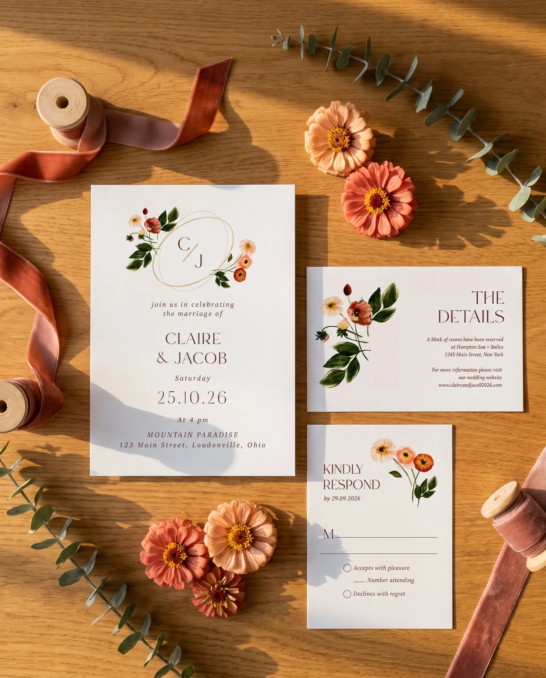 Eucalyptus Bloom wedding invitation suite — invitation, details card and RSVP shown in a flat lay, wedding invitation templates.