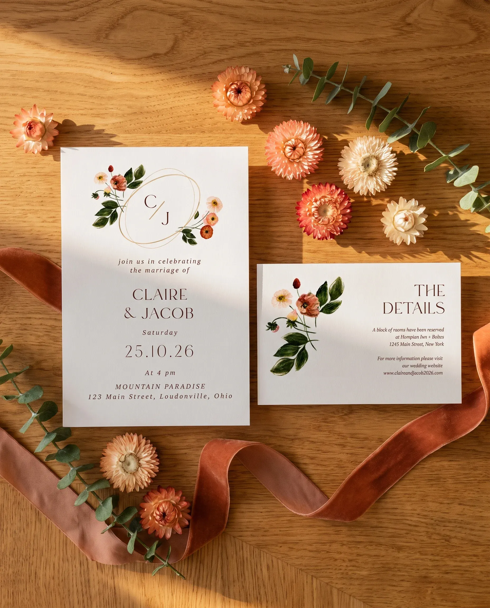 Eucalyptus Bloom wedding invitation suite — invitation and details card arranged together in a flat lay under soft natural light, wedding details card.