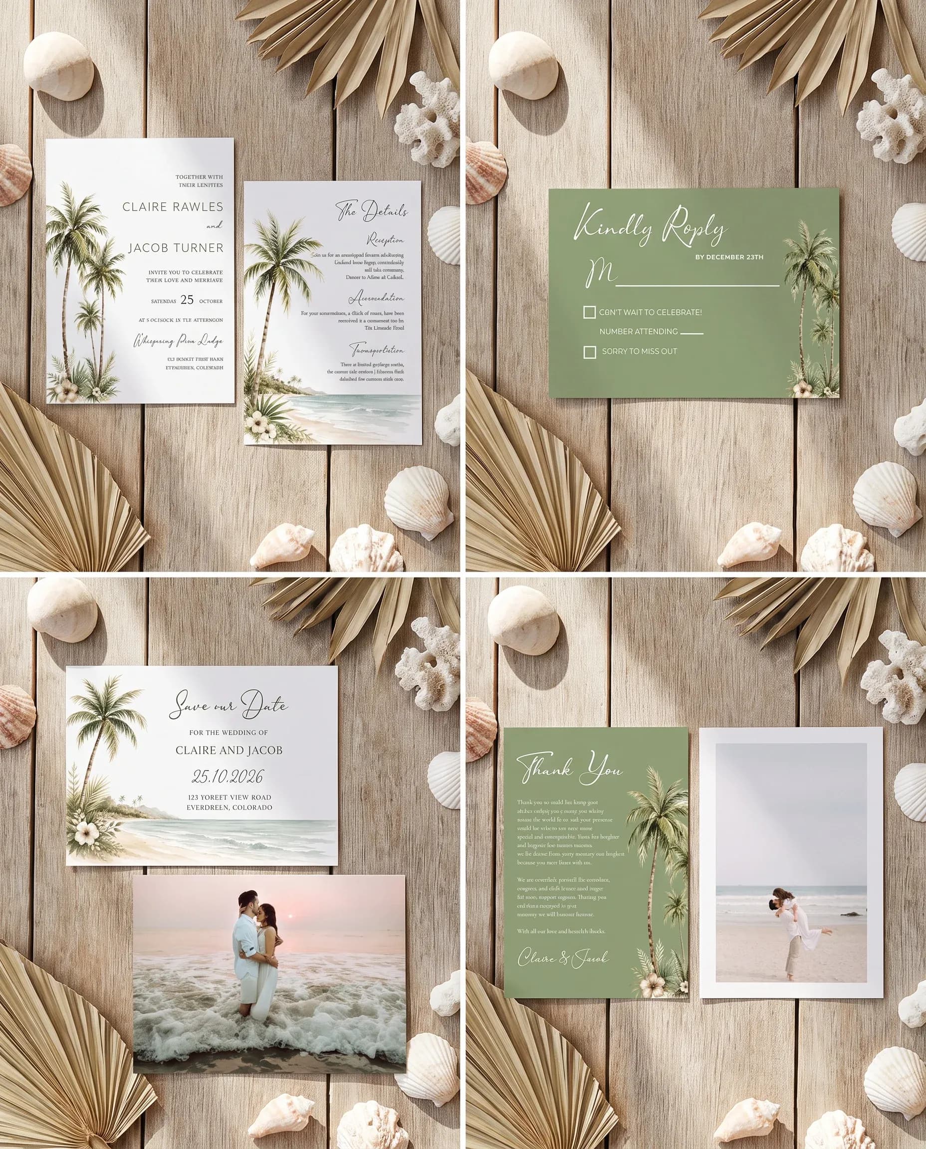 Palmetto Shore invitation set — invitation, details card, RSVP, save-the-date, and thank-you card in a flat lay, wedding invitation suite.