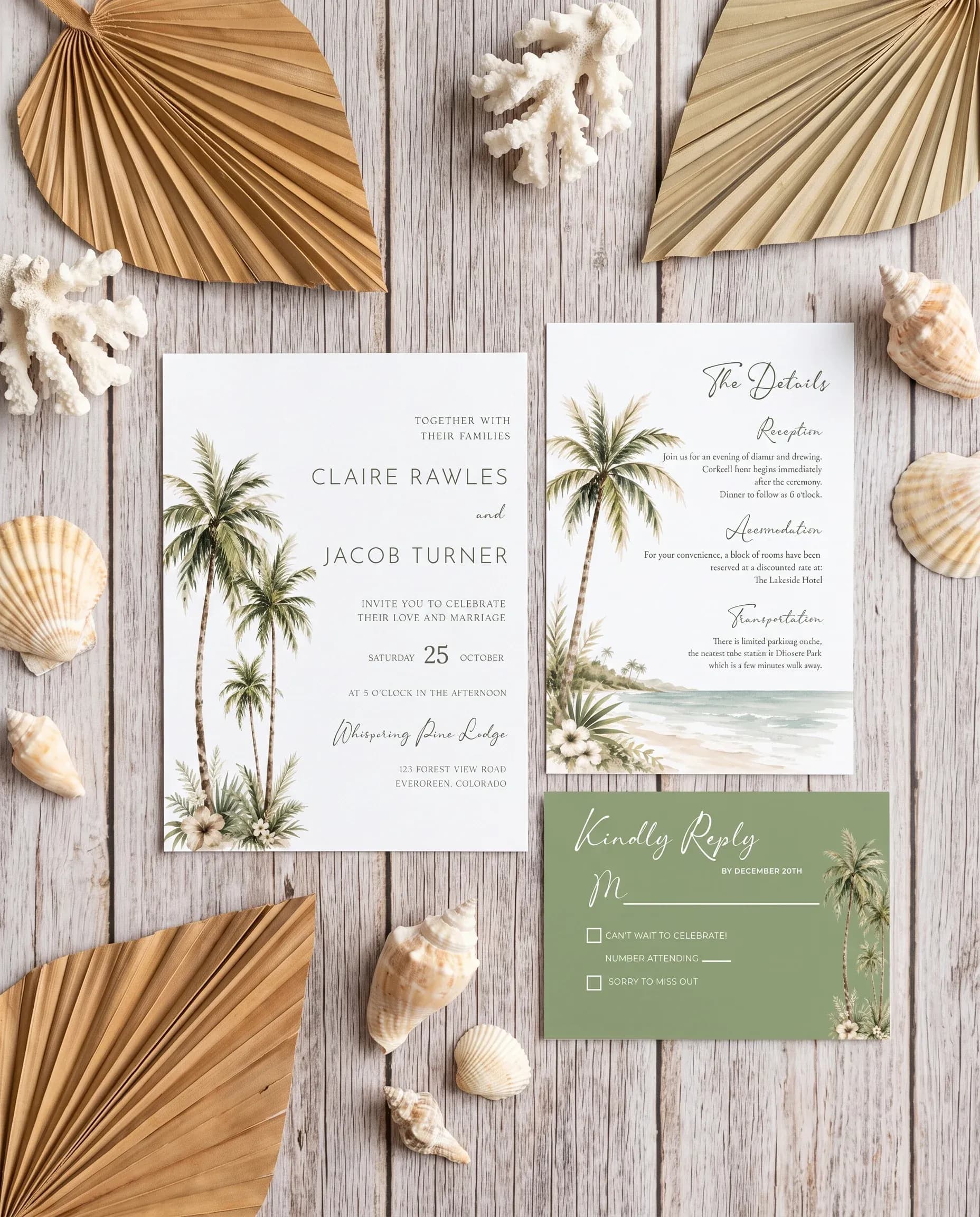 Palmetto Shore wedding invitation set — invitation, details card and RSVP shown in a flat lay, printable wedding invitations.