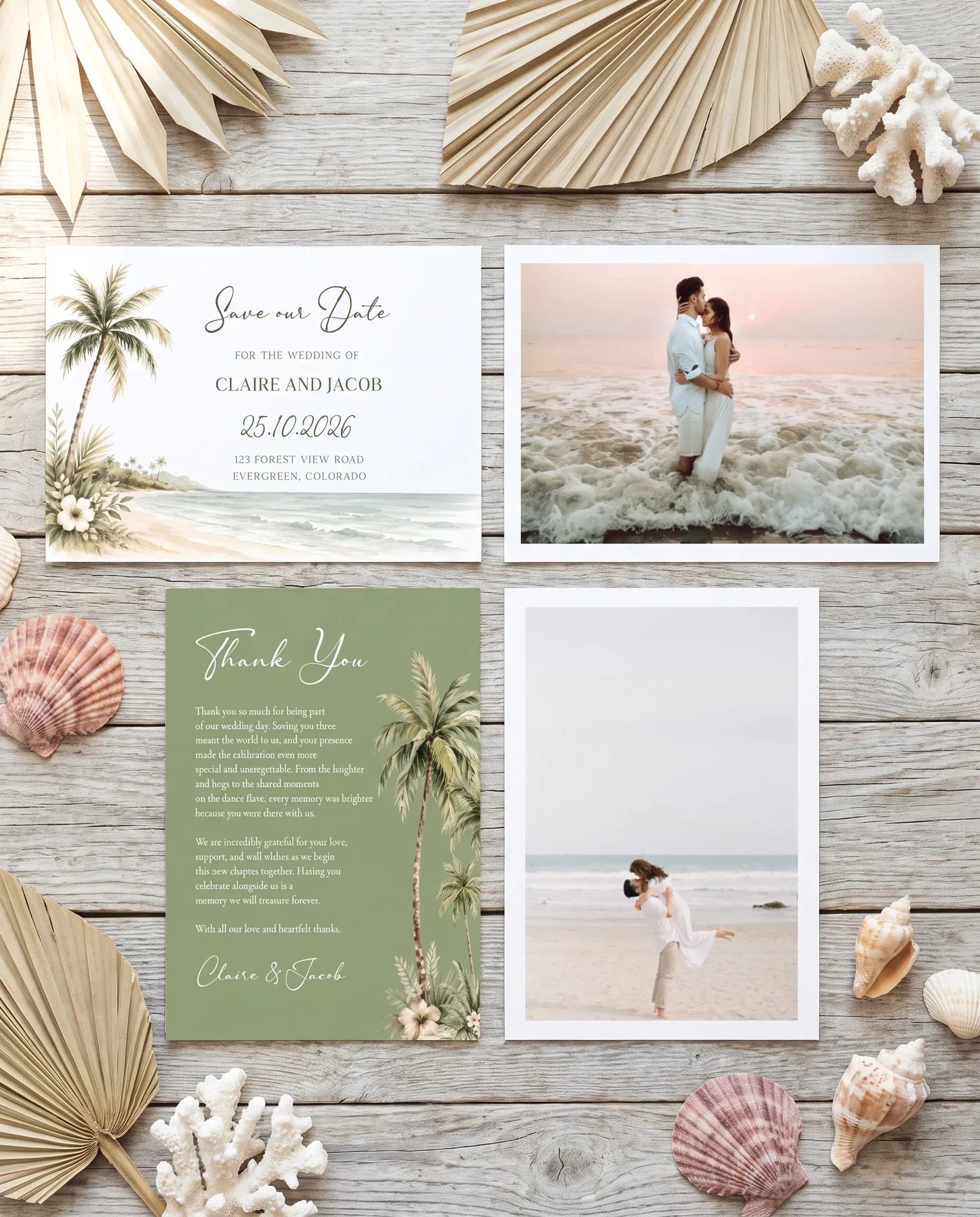 Palmetto Shore wedding invitation set — save the date and thank you card shown in a flat lay, wedding invitation templates.