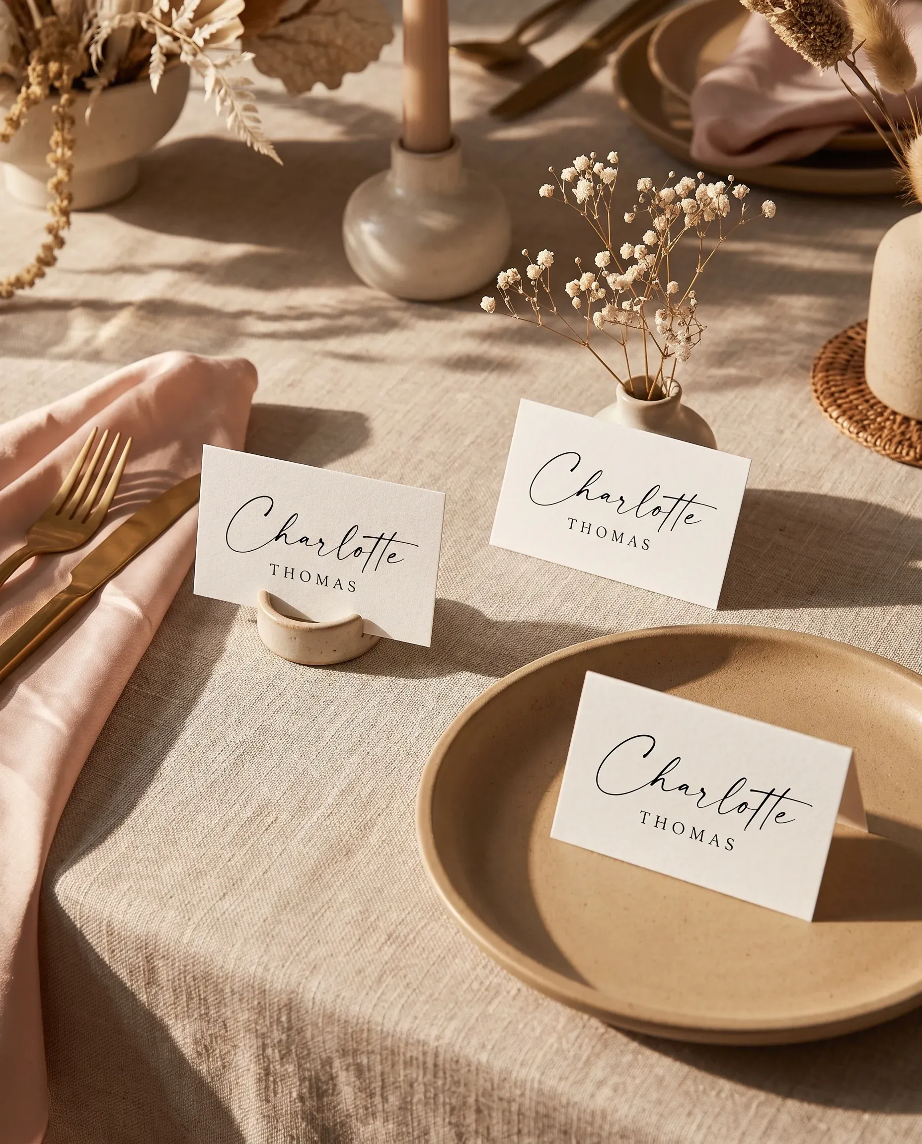 Sunlit wedding place cards — several place cards arranged on a dressed reception table under soft natural light, place card template.