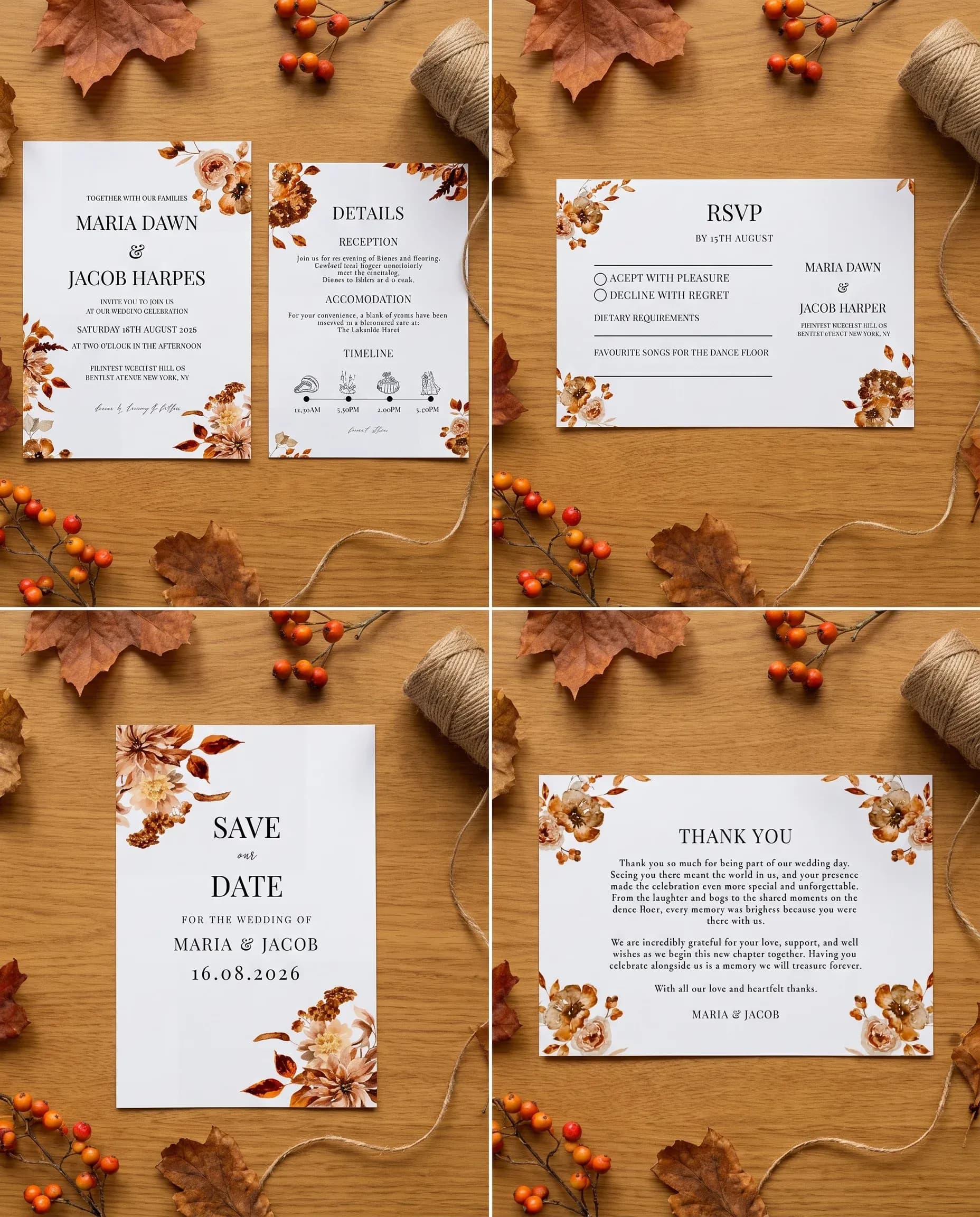 Autumn Bramble wedding invitation set — Invitation, details card, RSVP, save the date and thank you card shown in a flat lay, wedding invitation suite