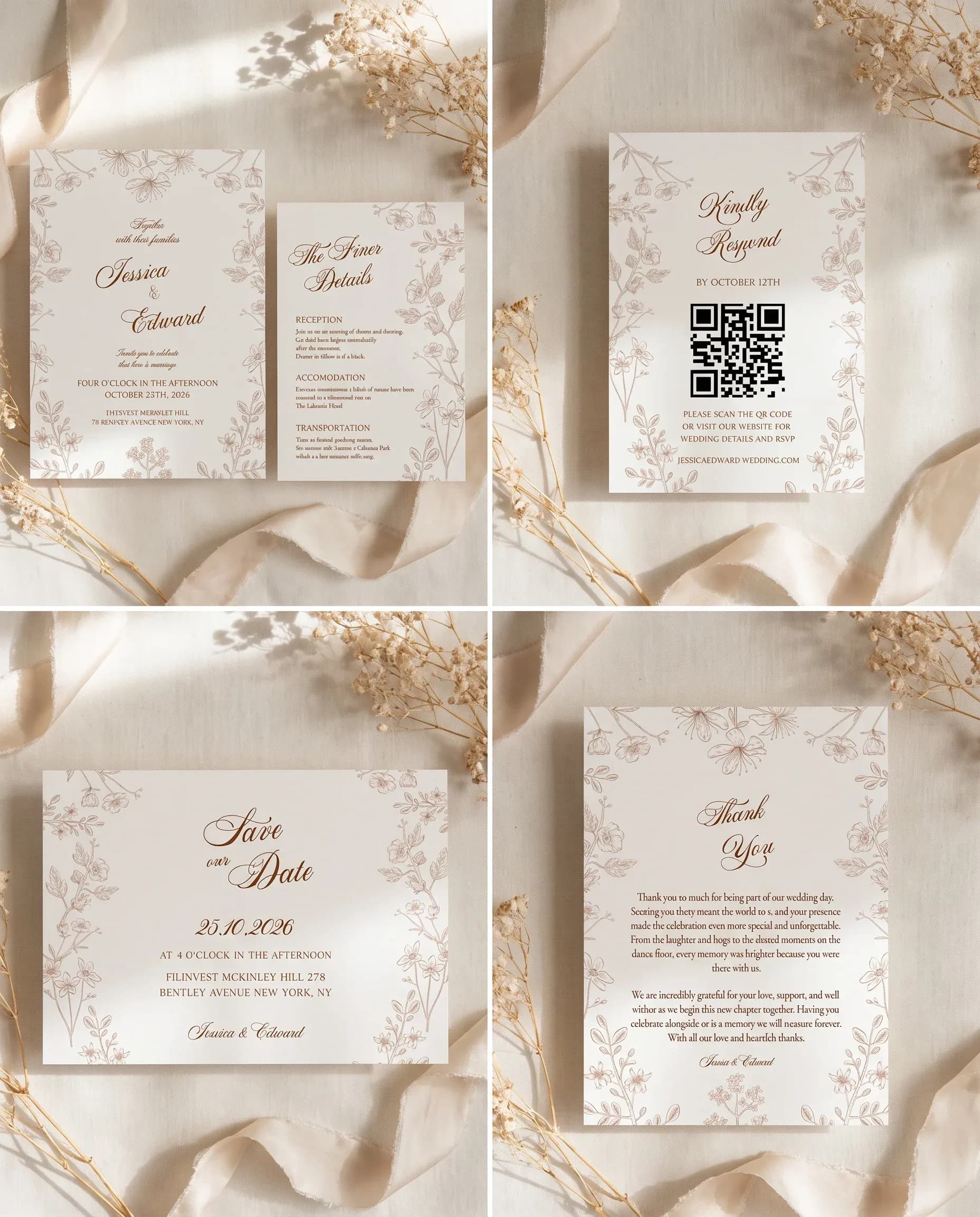Petalcrest wedding invitation set — Invitation, details card, RSVP, save the date and thank you card shown in a flat lay, wedding invitation suite