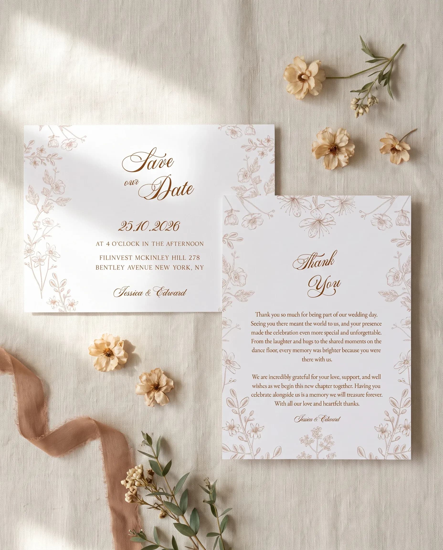Petalcrest wedding invitation set — Save the date and thank you card shown in a flat lay, wedding invitation templates