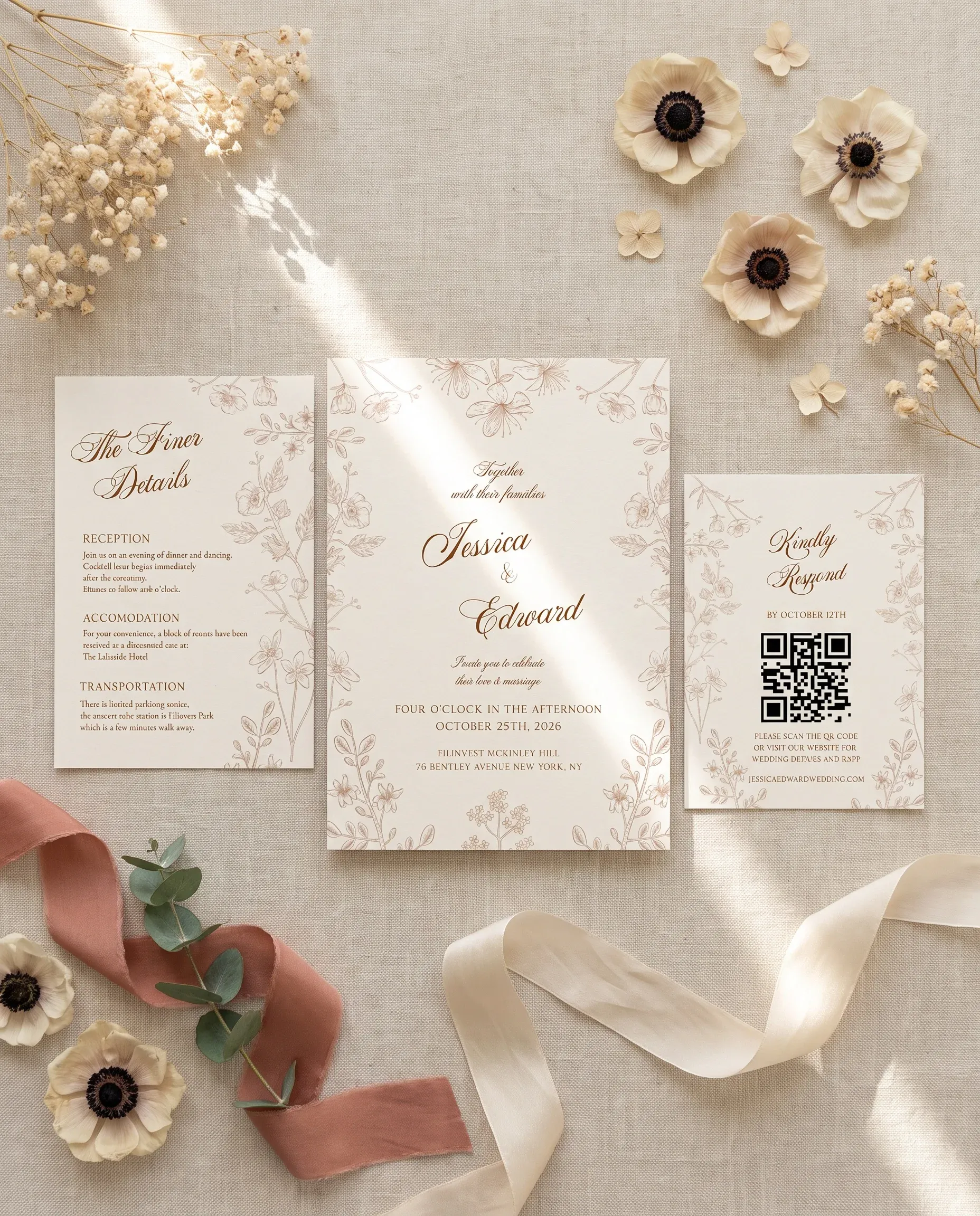 Petalcrest wedding invitation set — Invitation, details card and RSVP card shown in a flat lay, printable wedding invitations