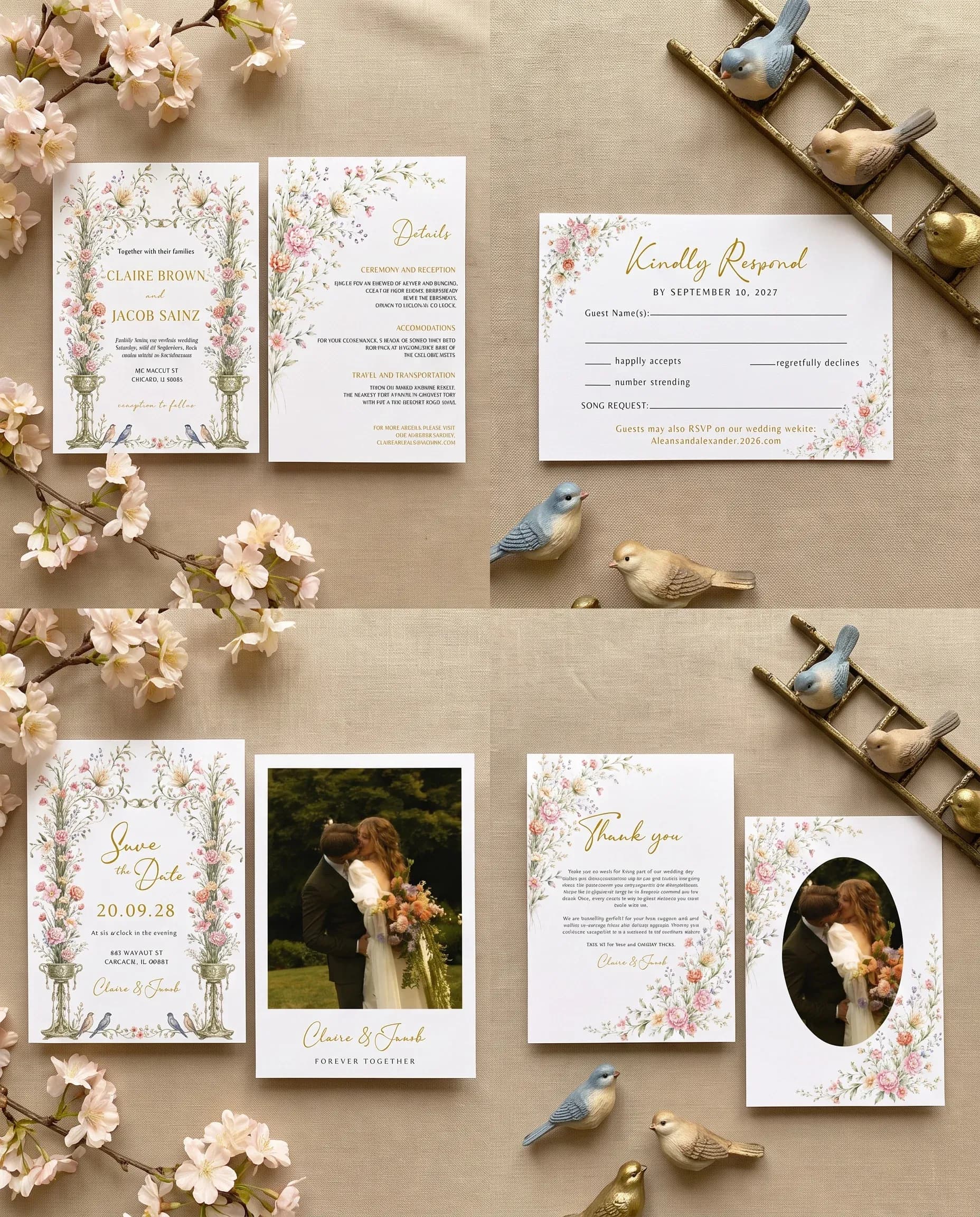Petal Arbor wedding invitation set — Invitation, details card, RSVP, save the date and thank you card shown in a flat lay, wedding invitation suite