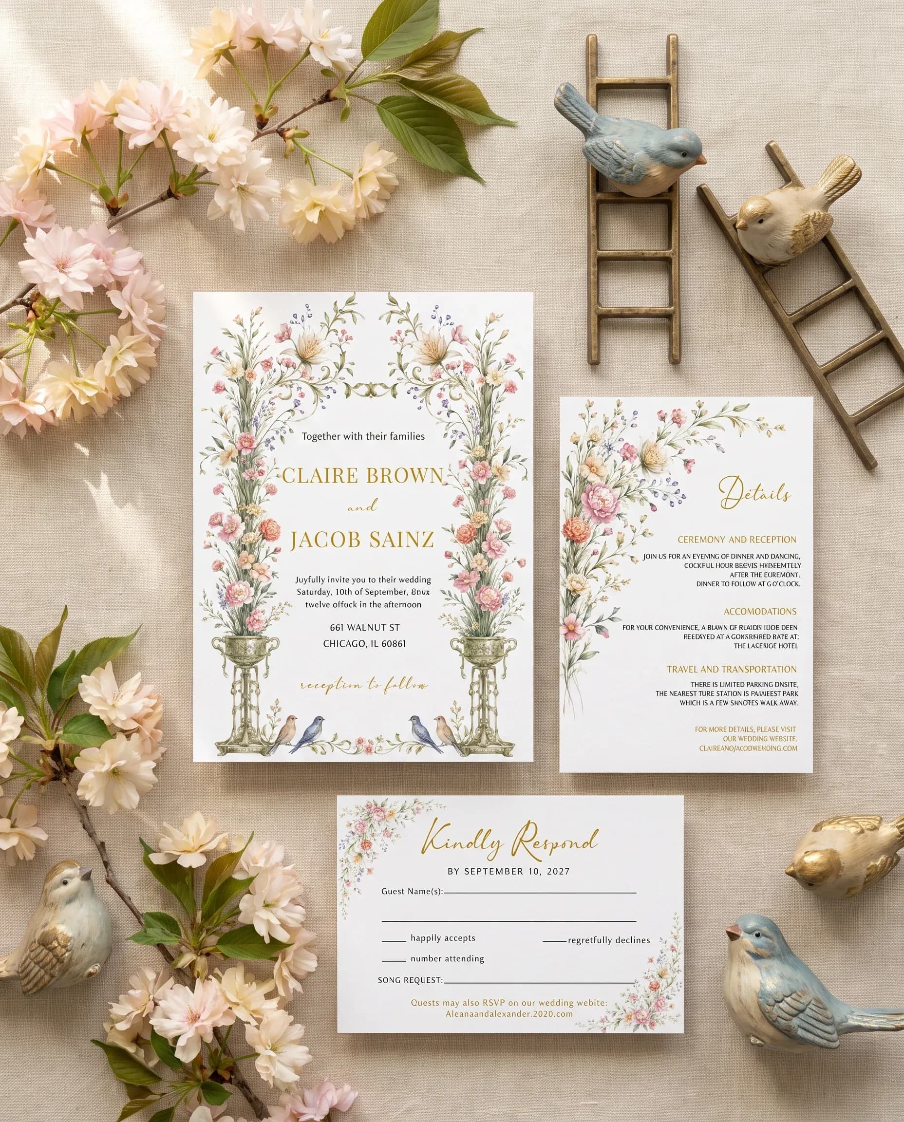 Petal Arbor wedding invitation set — Invitation, details card and RSVP card shown in a flat lay, printable wedding invitations