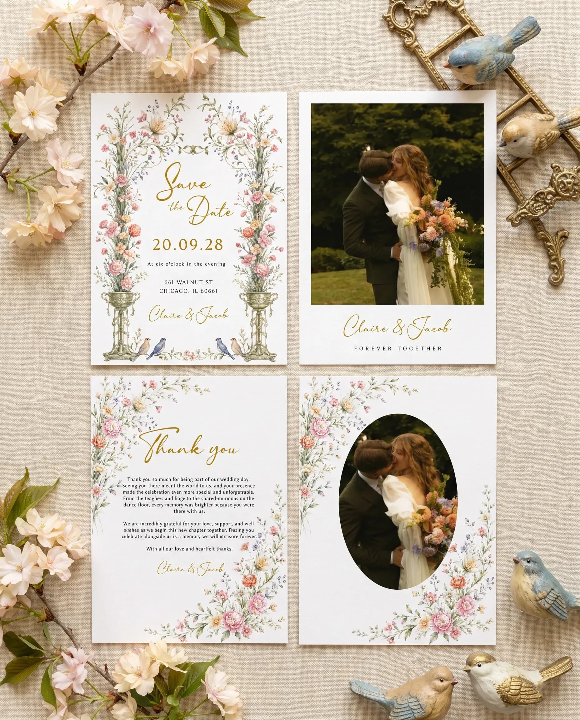 Petal Arbor wedding invitation set — Save the date and thank you card shown in a flat lay, wedding invitation templates