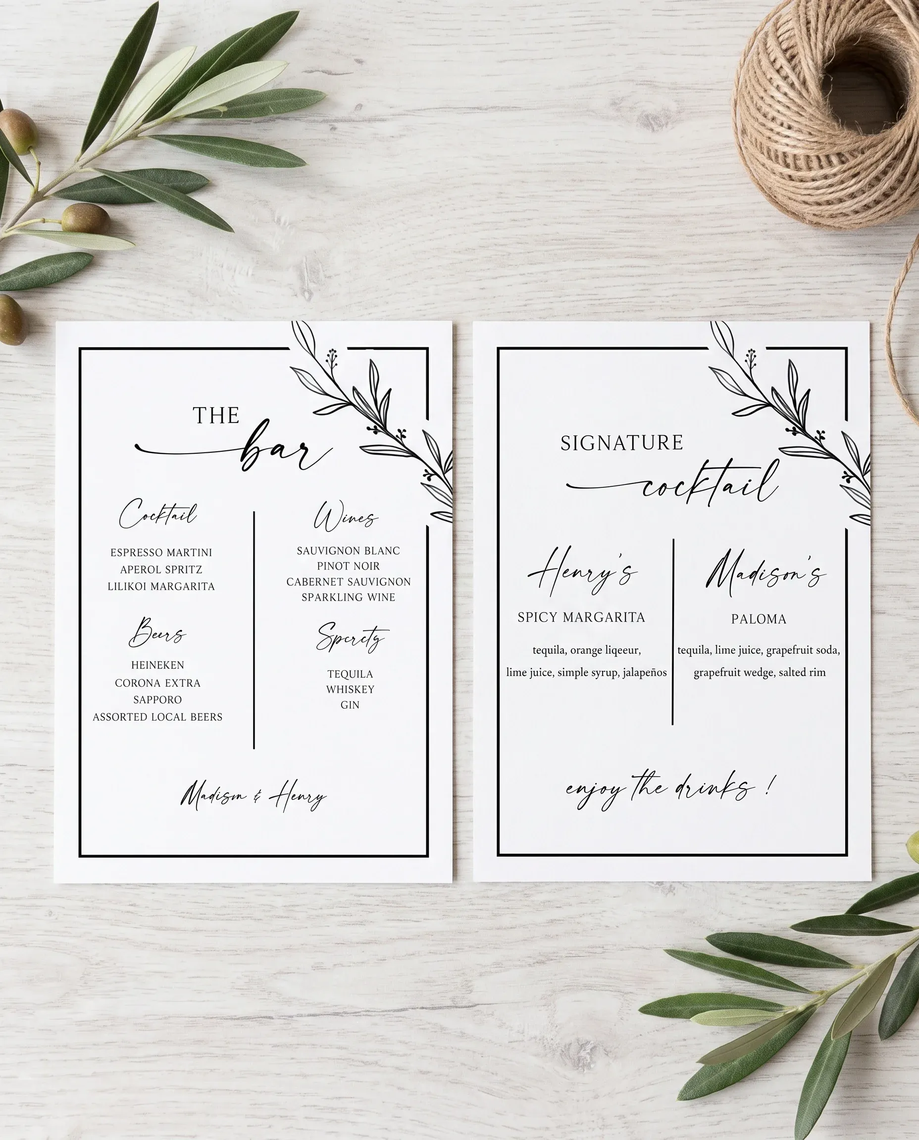 Willow Script — flat lay of both bar menu pages under soft natural light at a slight overhead angle, wedding bar menu