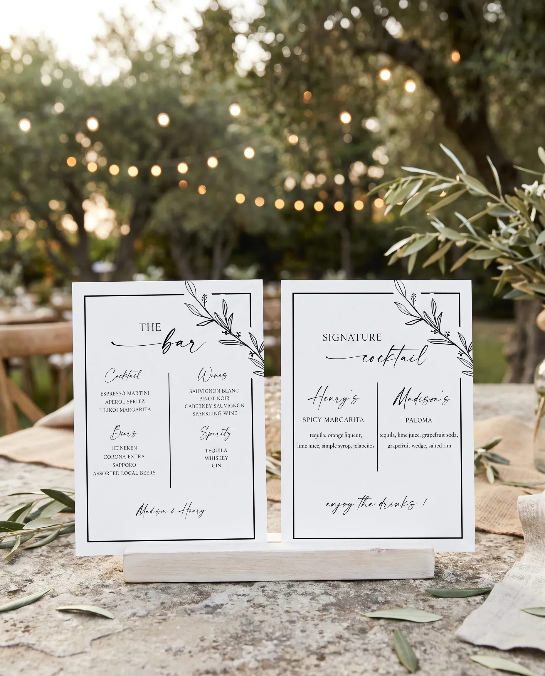 Willow Script — bar menu displayed upright in a styled setting under soft natural light at a slight overhead angle, wedding bar sign.