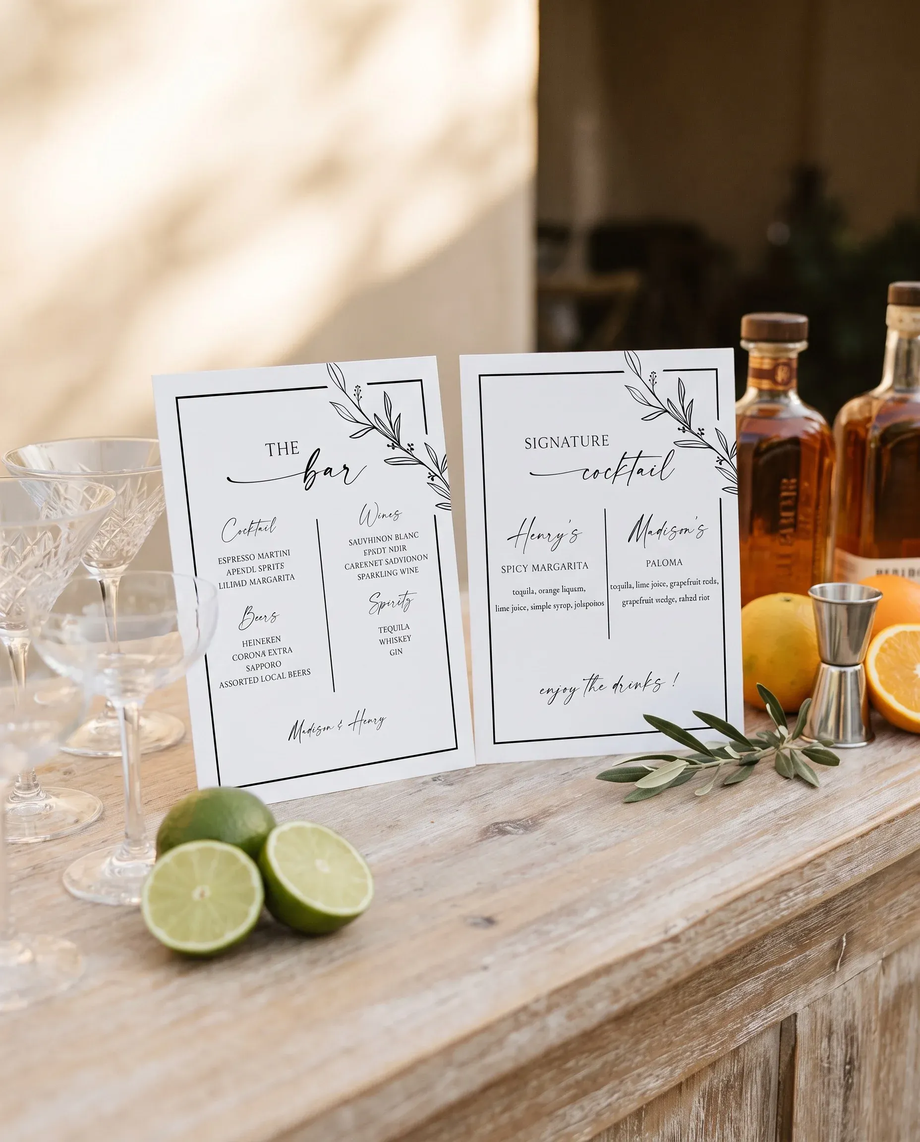 Willow Script — two menu pages resting on a bar station under soft natural light, bar menu template.