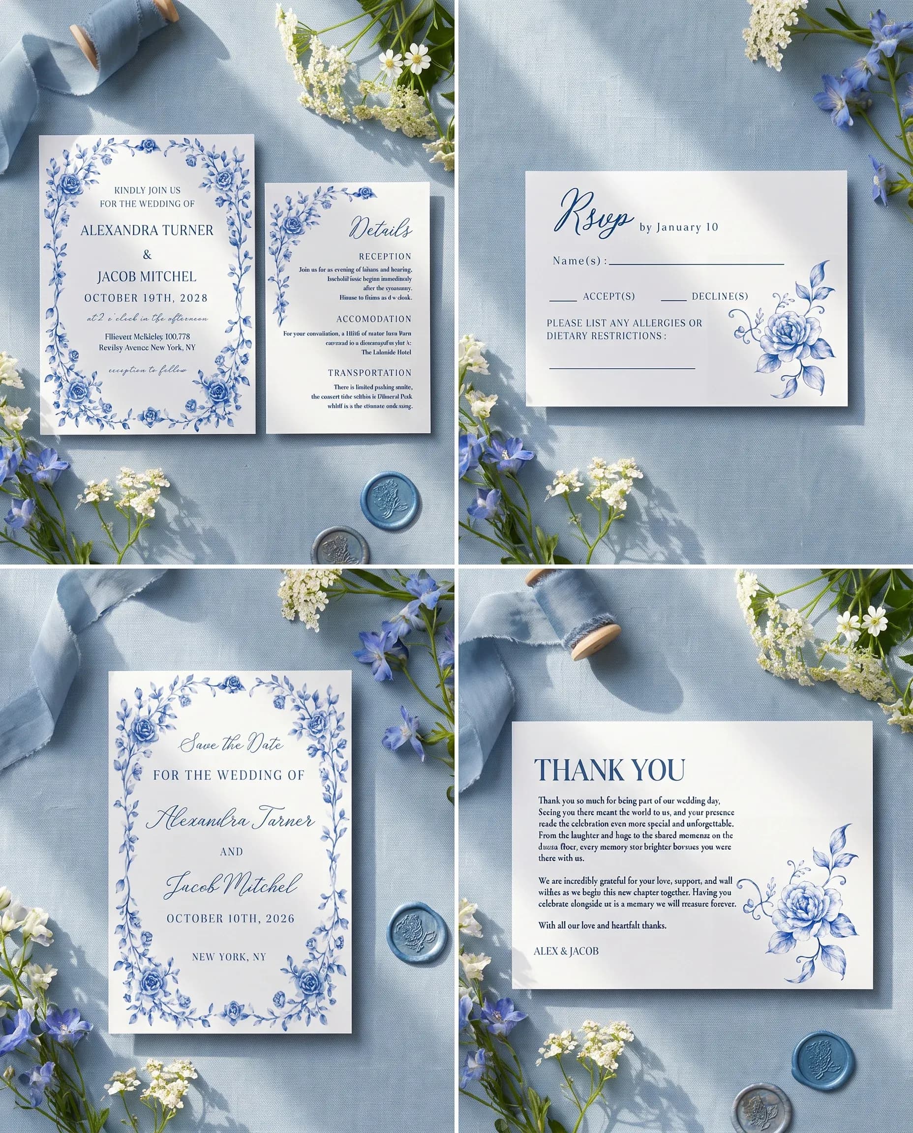 Blue Heron wedding invitation set — Invitation, details card, RSVP, save the date and thank you card shown in a flat lay, wedding invitation suite