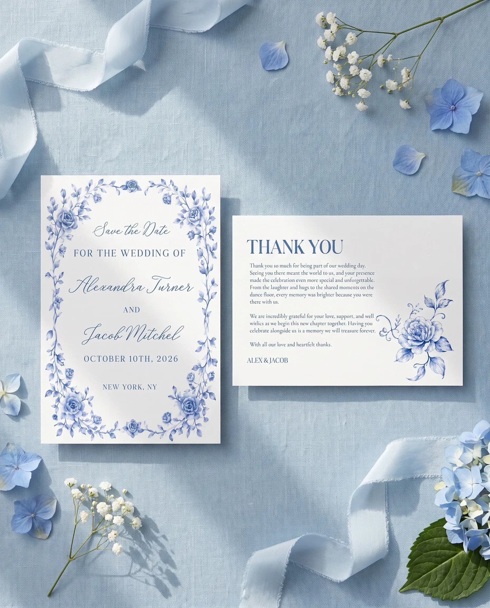 Blue Heron wedding invitation set — Save the date and thank you card shown in a flat lay, wedding invitation templates