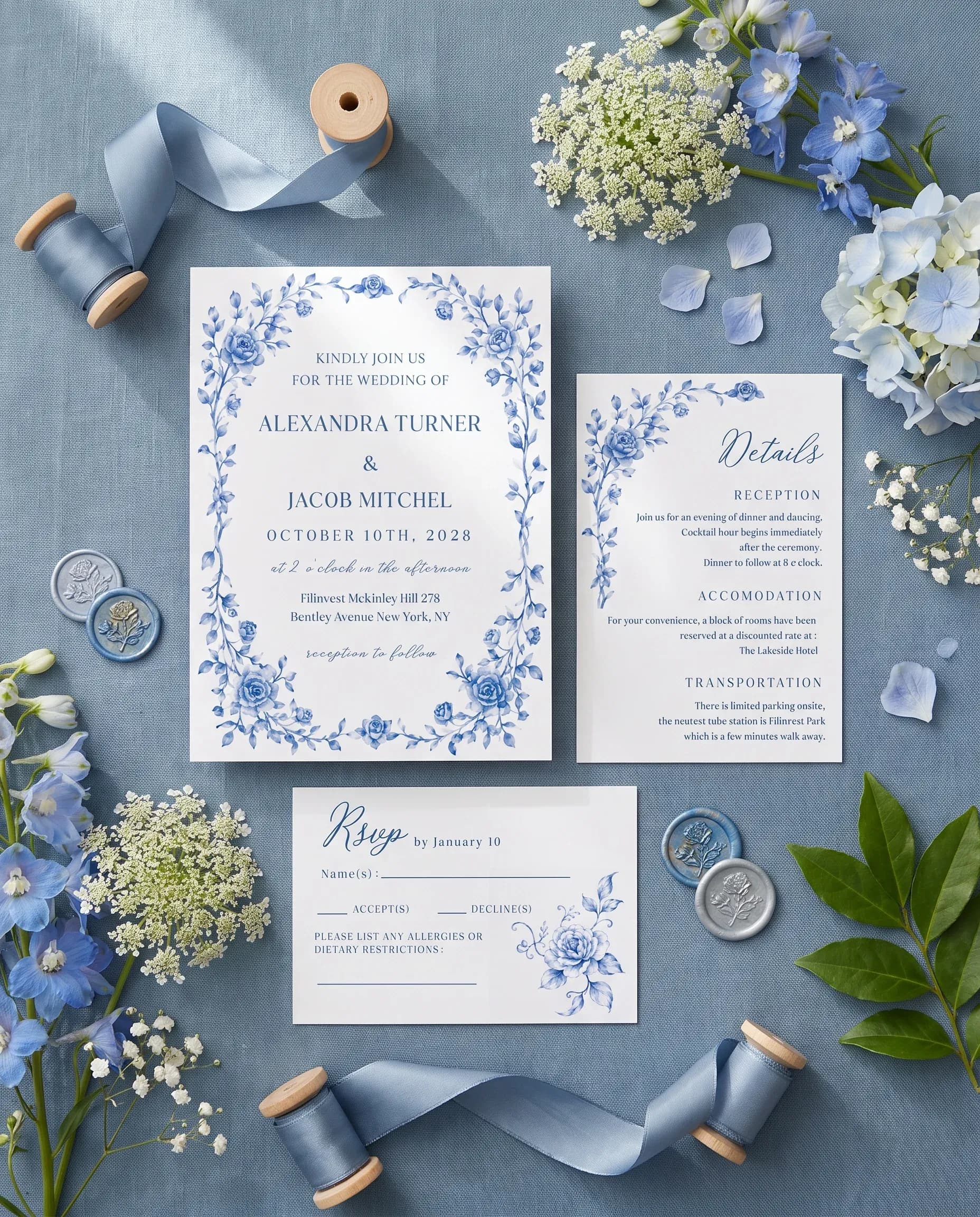 Blue Heron wedding invitation set — Invitation, details card and RSVP card shown in a flat lay, printable wedding invitations
