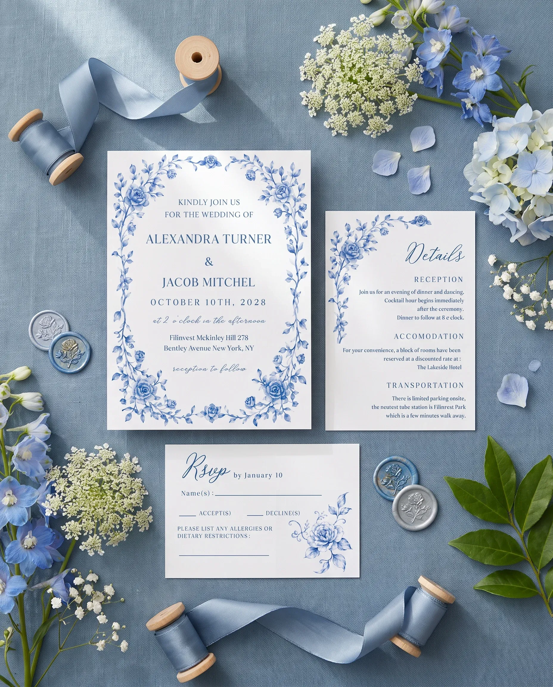 Blue Heron wedding invitation set — Invitation, details card and RSVP card shown in a flat lay, printable wedding invitations