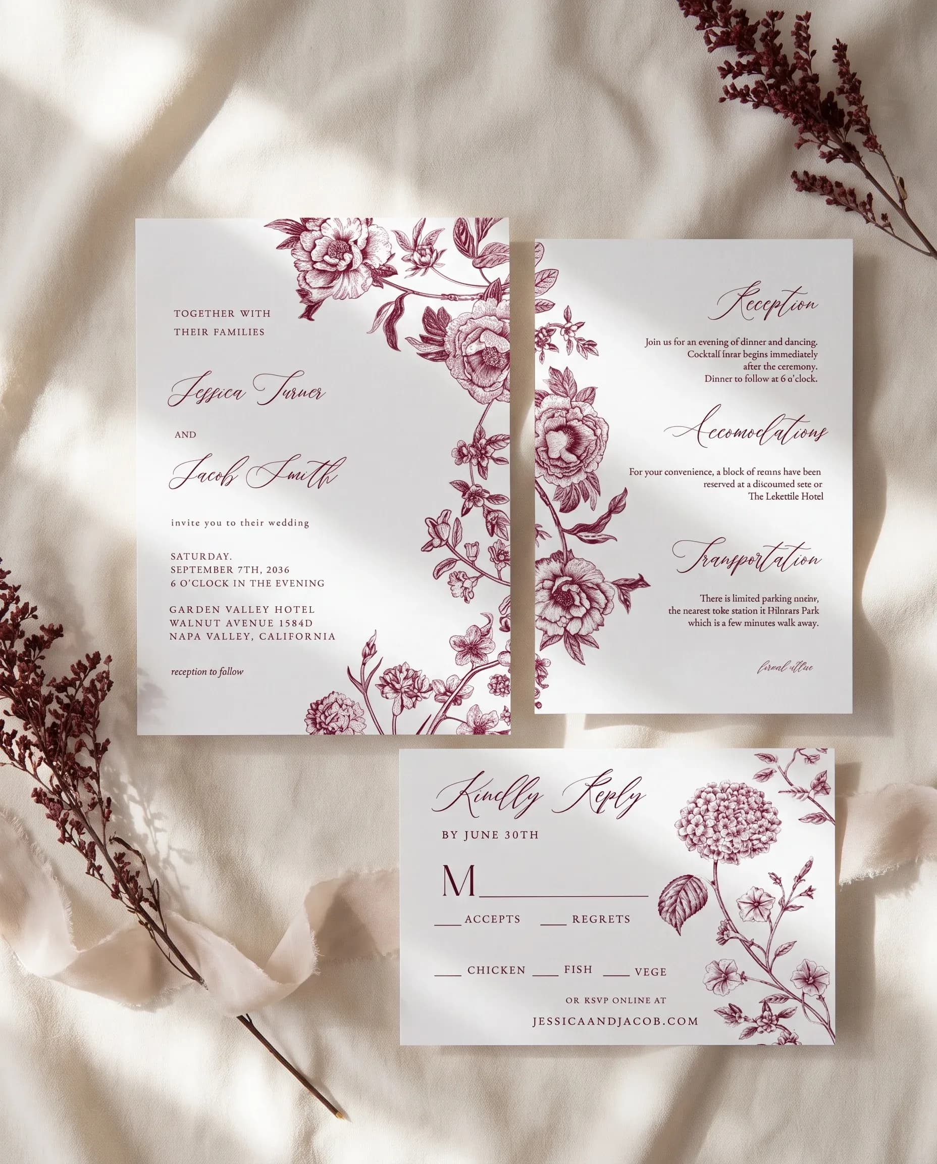 Chantilly wedding invitation set — Invitation, details card and RSVP card shown in a flat lay, printable wedding invitations