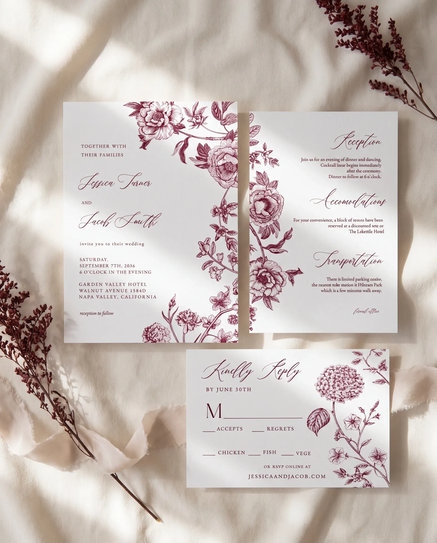 Chantilly wedding invitation set — Invitation, details card and RSVP card shown in a flat lay, printable wedding invitations