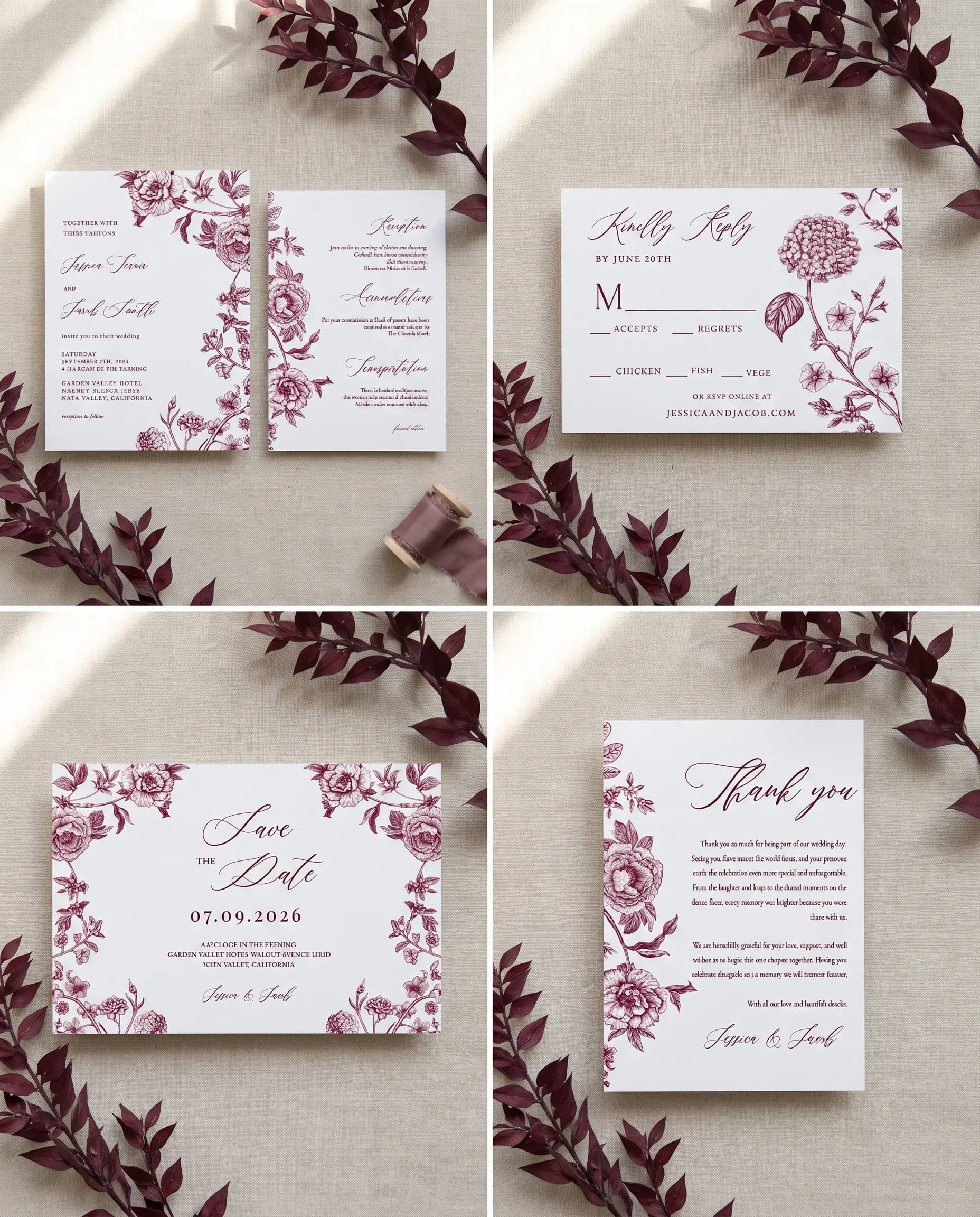 Chantilly wedding invitation set — Invitation, details card, RSVP, save the date and thank you card shown in a flat lay, wedding invitation suite