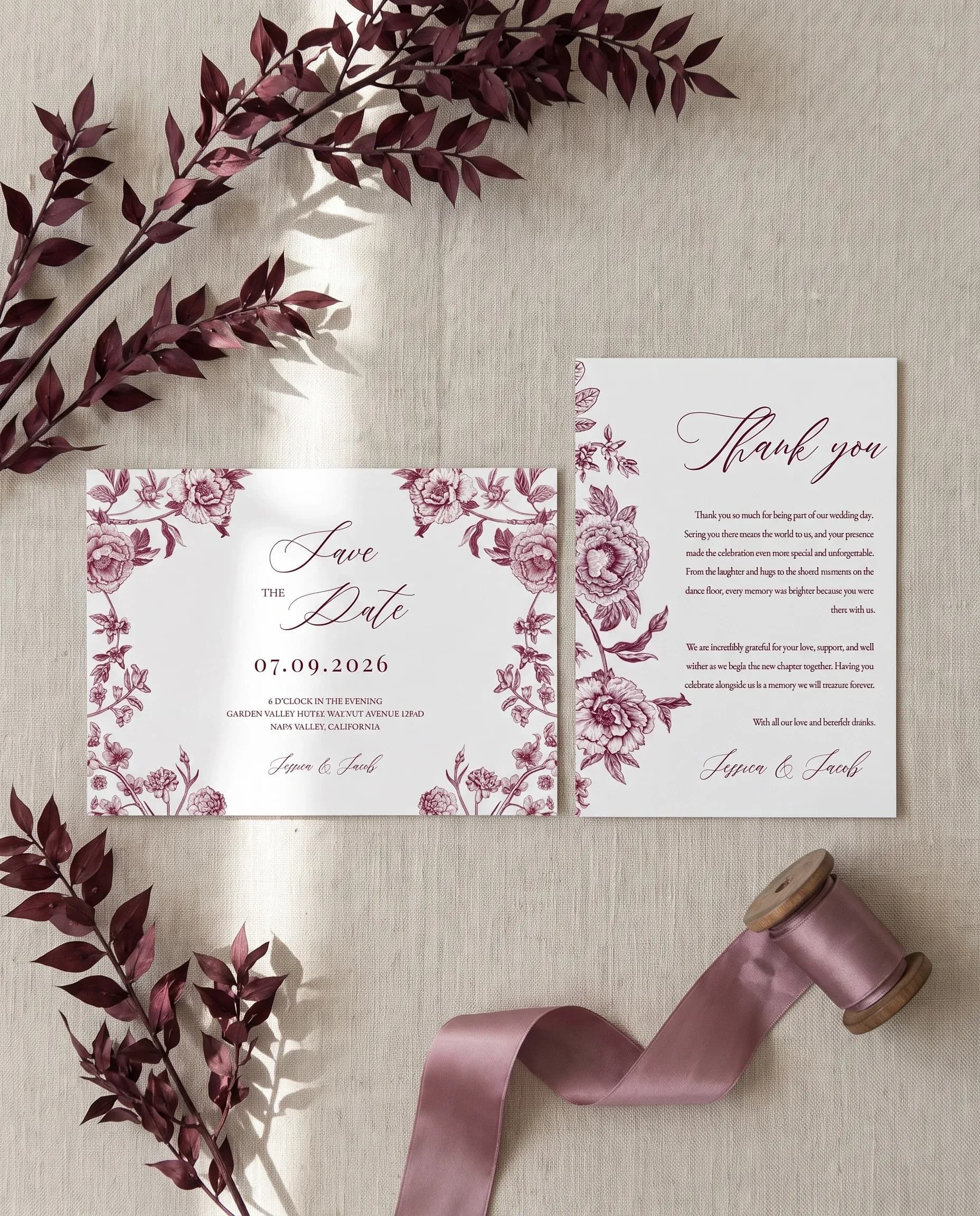 Chantilly wedding invitation set — Save the date and thank you card shown in a flat lay, wedding invitation templates
