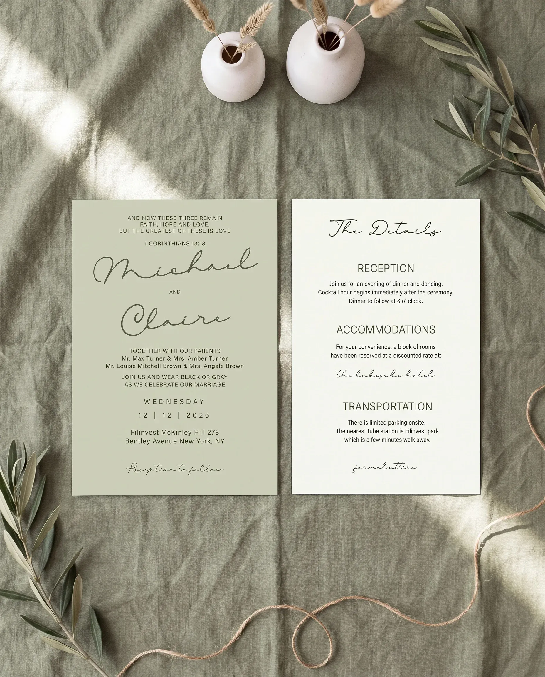 Manor Etching wedding invitation suite — invitation and details card shown in a flat lay, wedding details card.