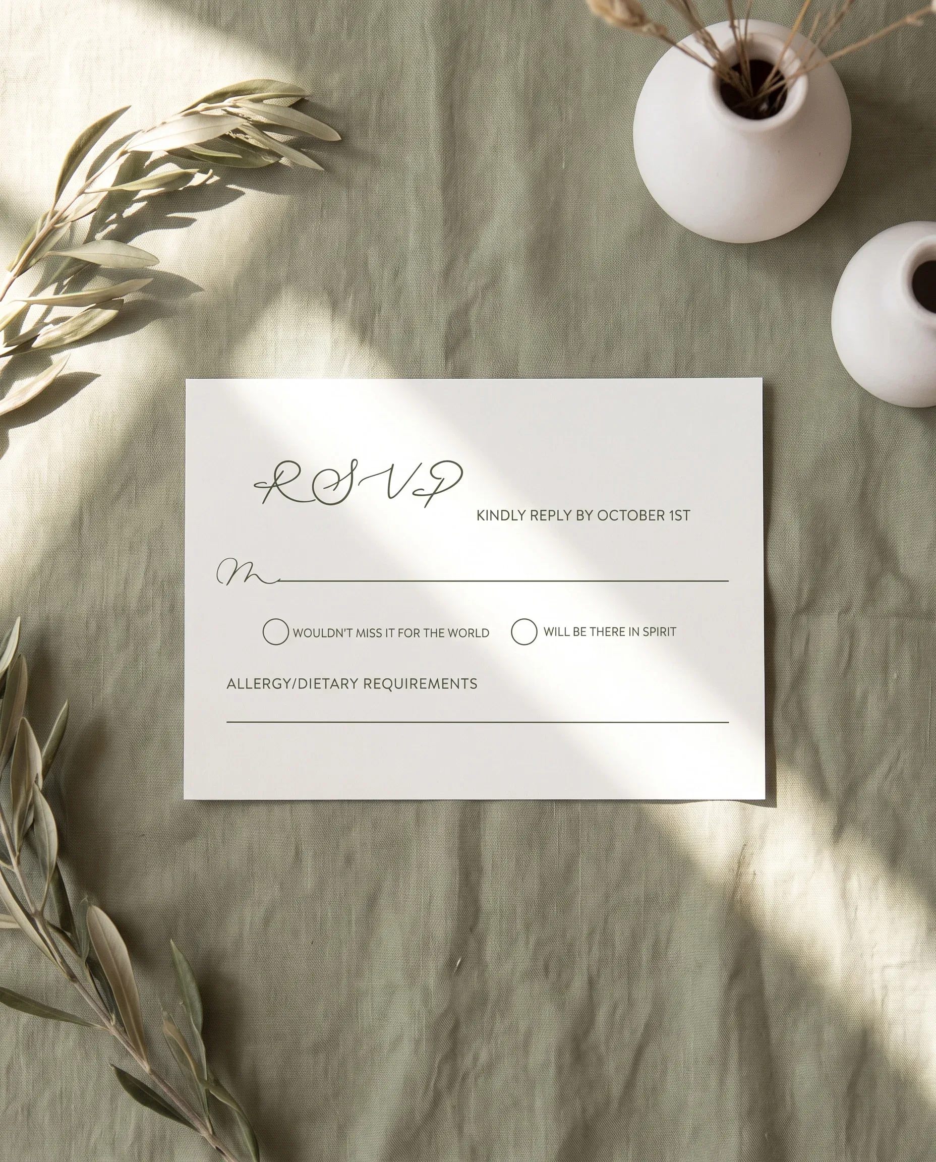 Manor Etching wedding invitation suite — RSVP card shown in a flat lay under soft natural light, wedding RSVP cards.