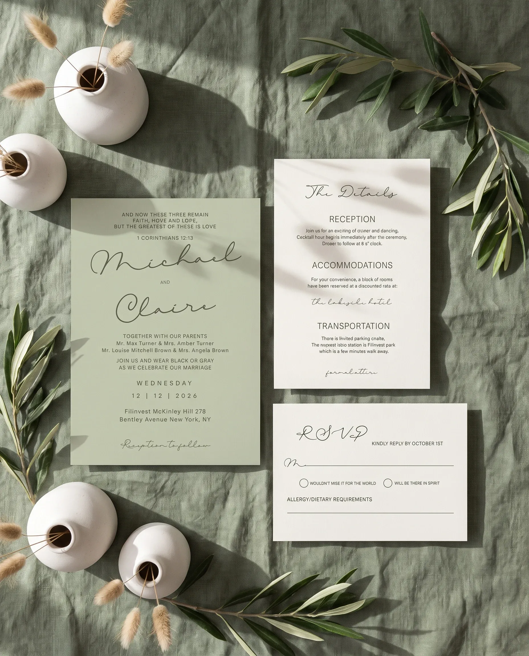 Manor wedding invitation suite — invitation, details card and RSVP shown in a flat lay under soft natural light, wedding invitation templates.