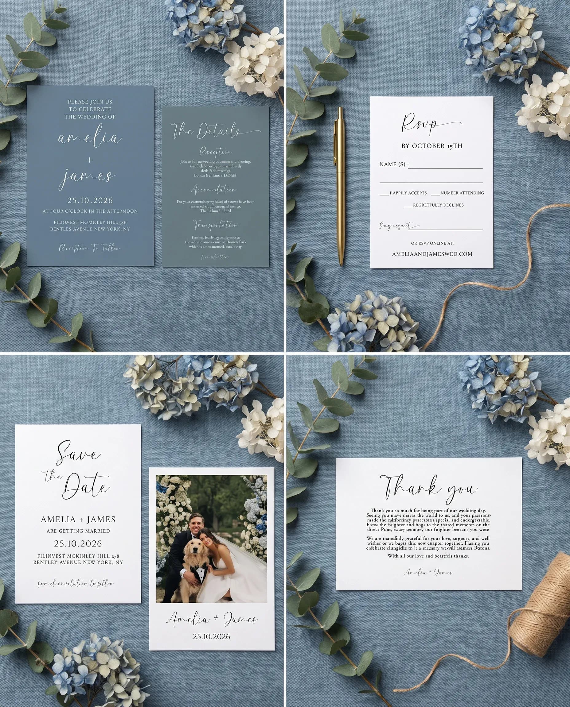 Arrow Crest wedding invitation set — Invitation, details card, RSVP, save the date and thank you card shown in a flat lay, wedding invitation suite