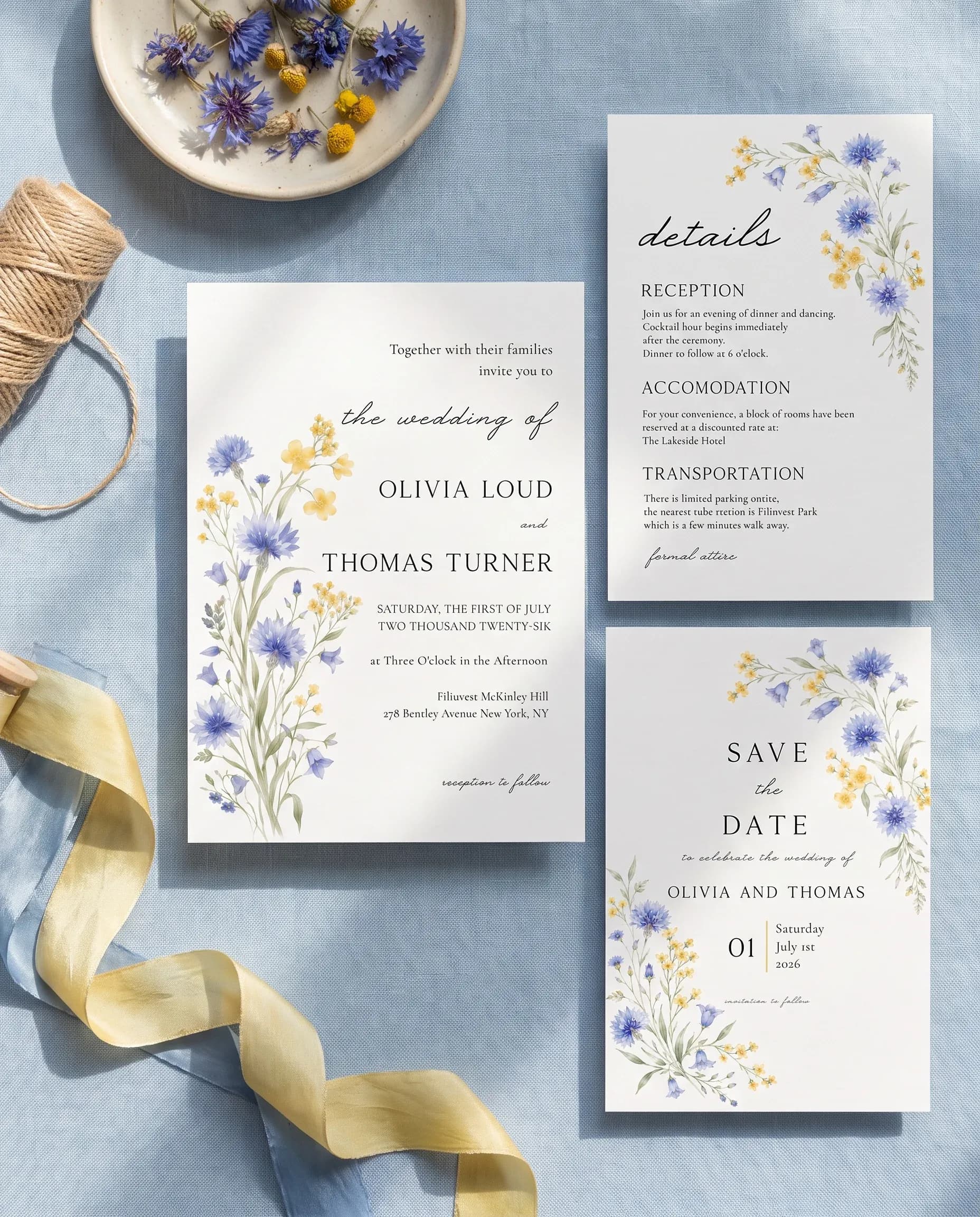 Cornflower wedding invitation set — Invitation, details card and RSVP card shown in a flat lay, printable wedding invitations