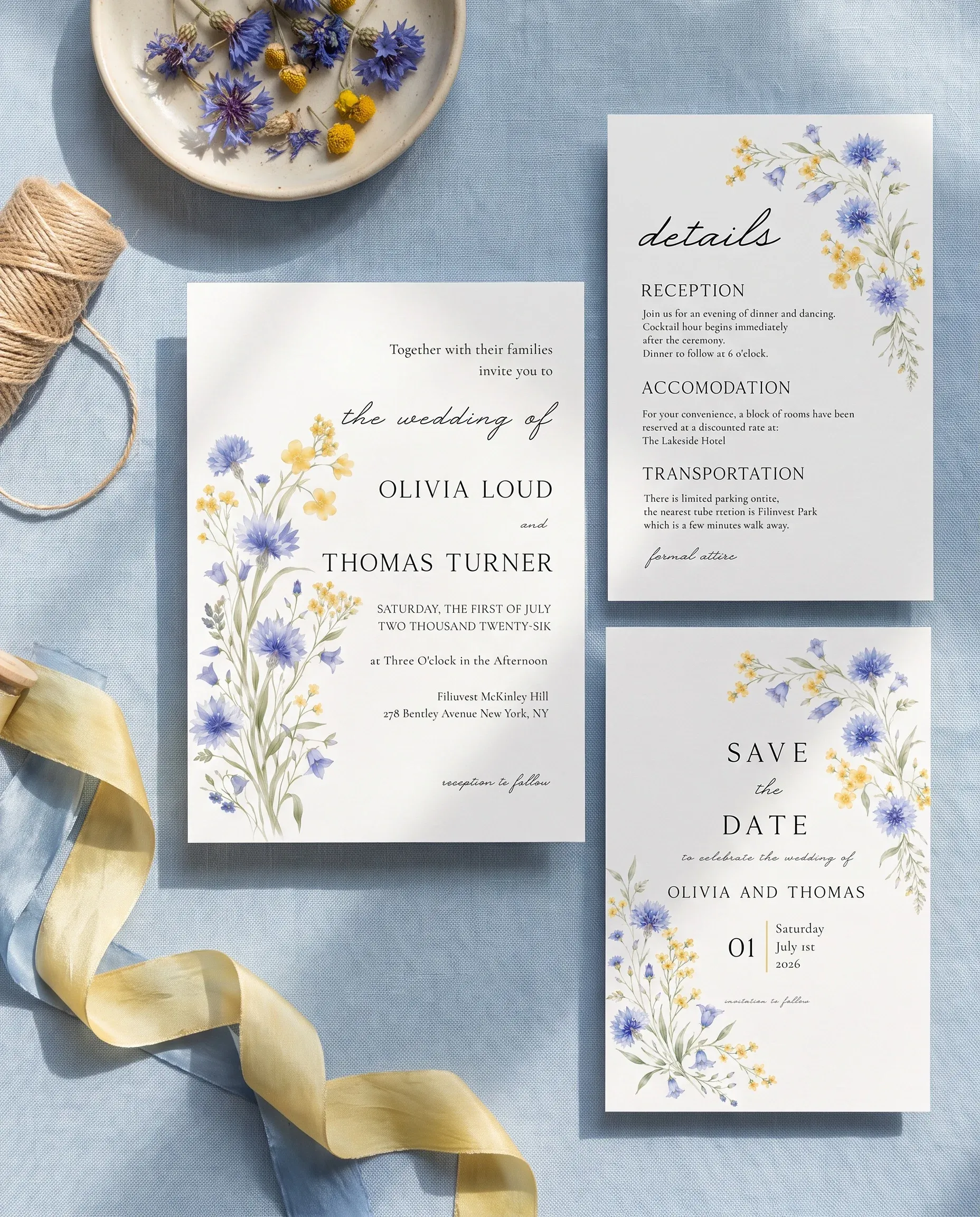 Cornflower wedding invitation set — Invitation, details card and RSVP card shown in a flat lay, printable wedding invitations