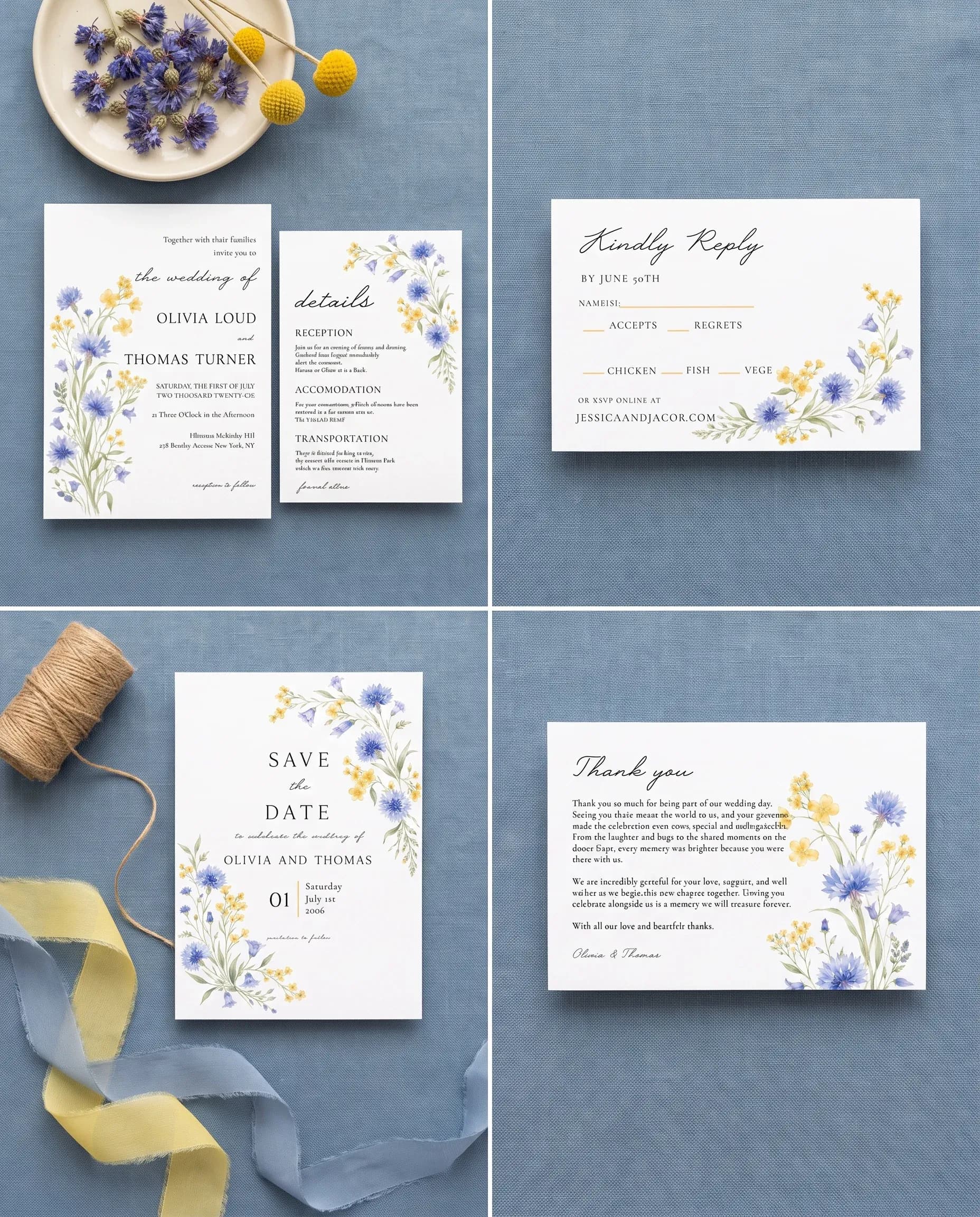 Cornflower wedding invitation set — Invitation, details card, RSVP, save the date and thank you card shown in a flat lay, wedding invitation suite