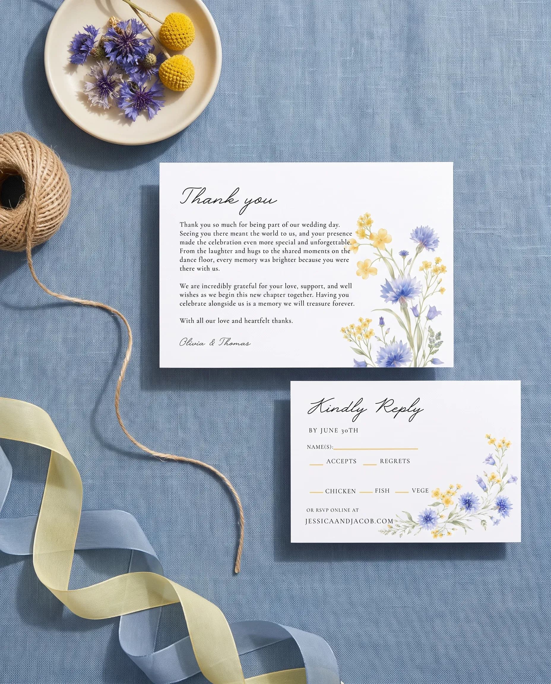Cornflower wedding invitation set — Save the date and thank you card shown in a flat lay, wedding invitation templates
