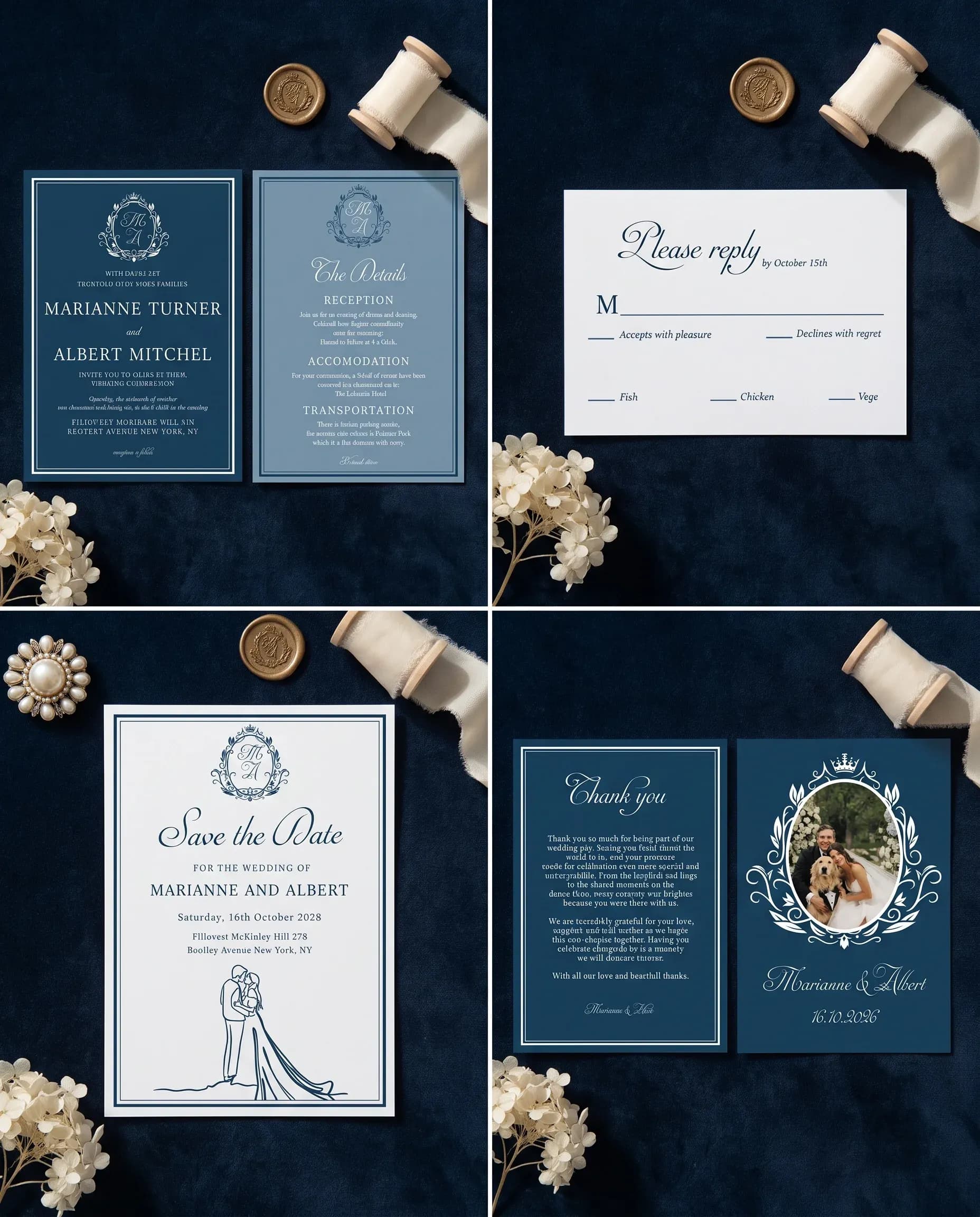 Windsor Crown wedding invitation set — Invitation, details card, RSVP, save the date and thank you card shown in a flat lay, wedding invitation suite