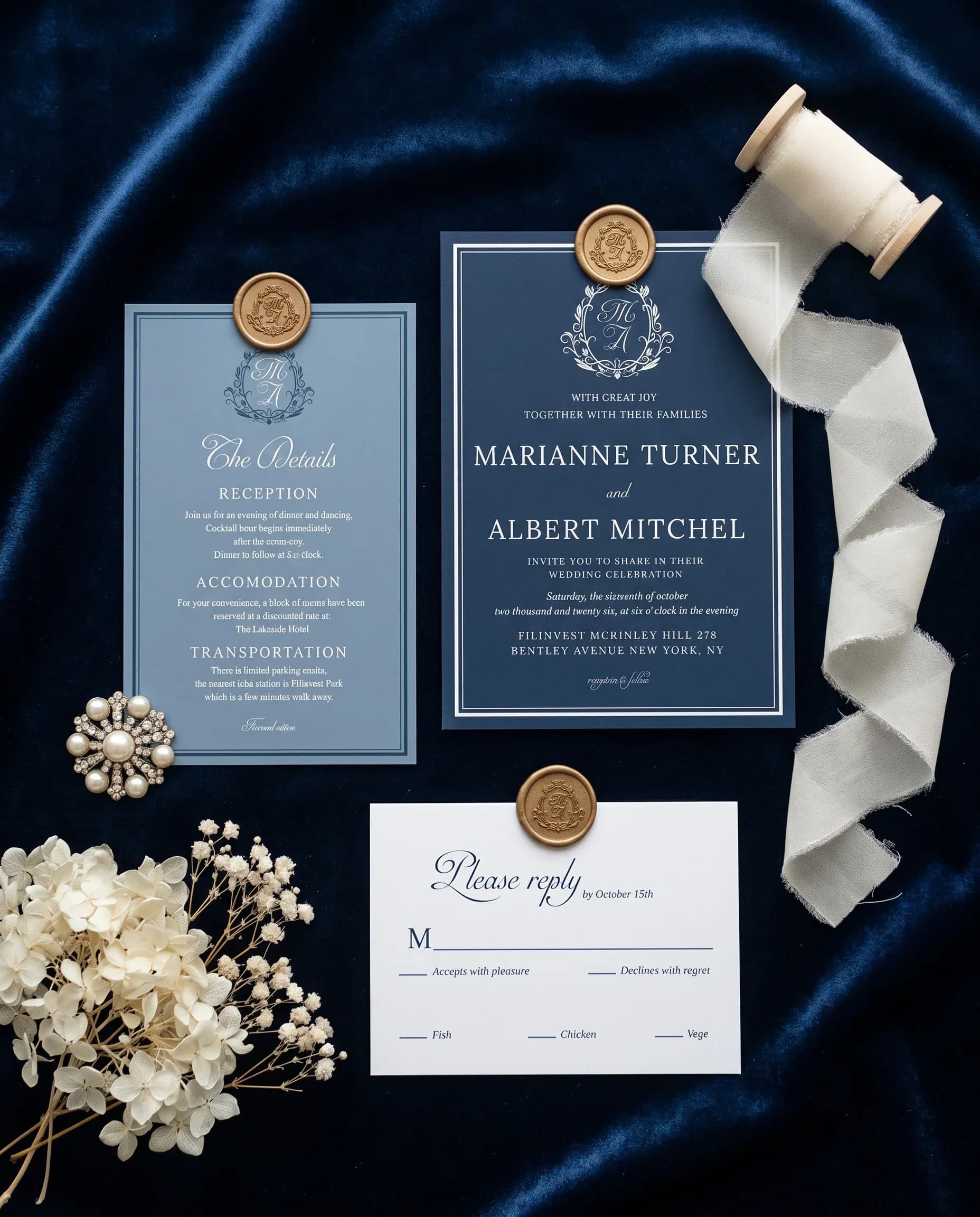 Windsor Crown wedding invitation set — Invitation, details card and RSVP card shown in a flat lay, printable wedding invitations