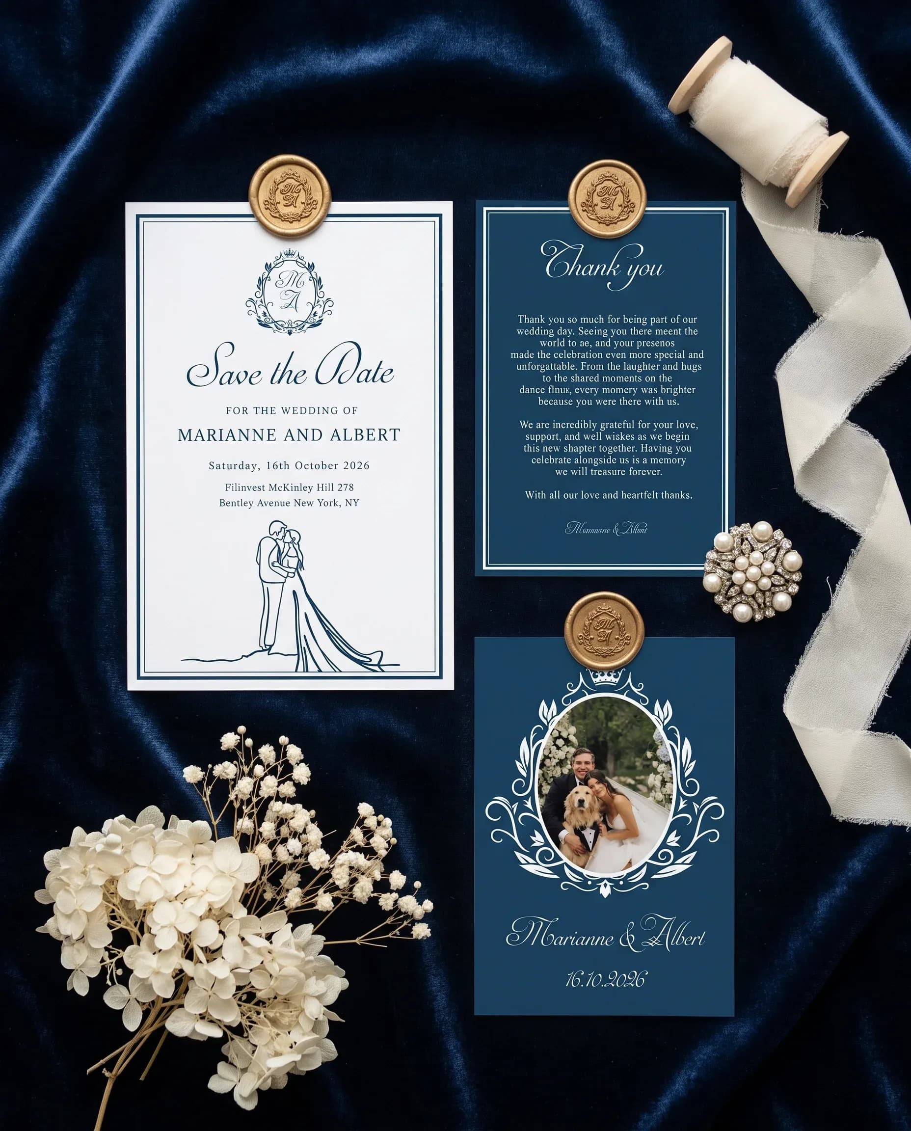 Windsor Crown wedding invitation set — Save the date and thank you card shown in a flat lay, wedding invitation templates