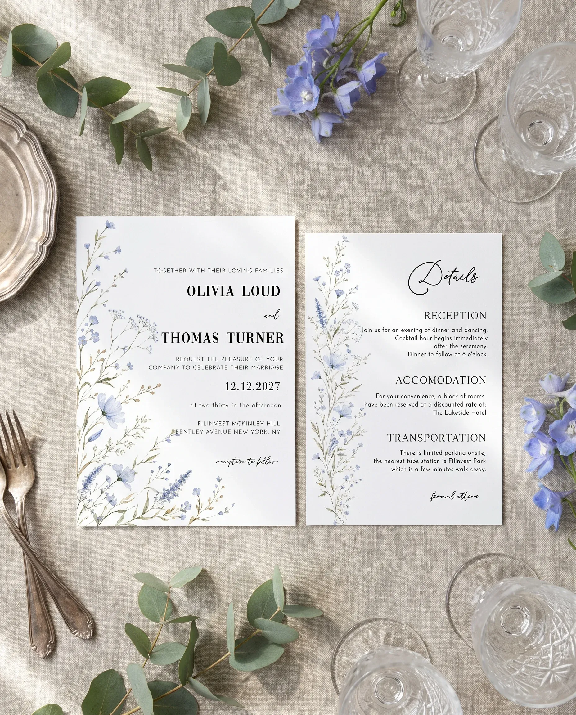 Azure Sprig wedding invitation suite — invitation and details card shown in a flat lay, wedding details card.