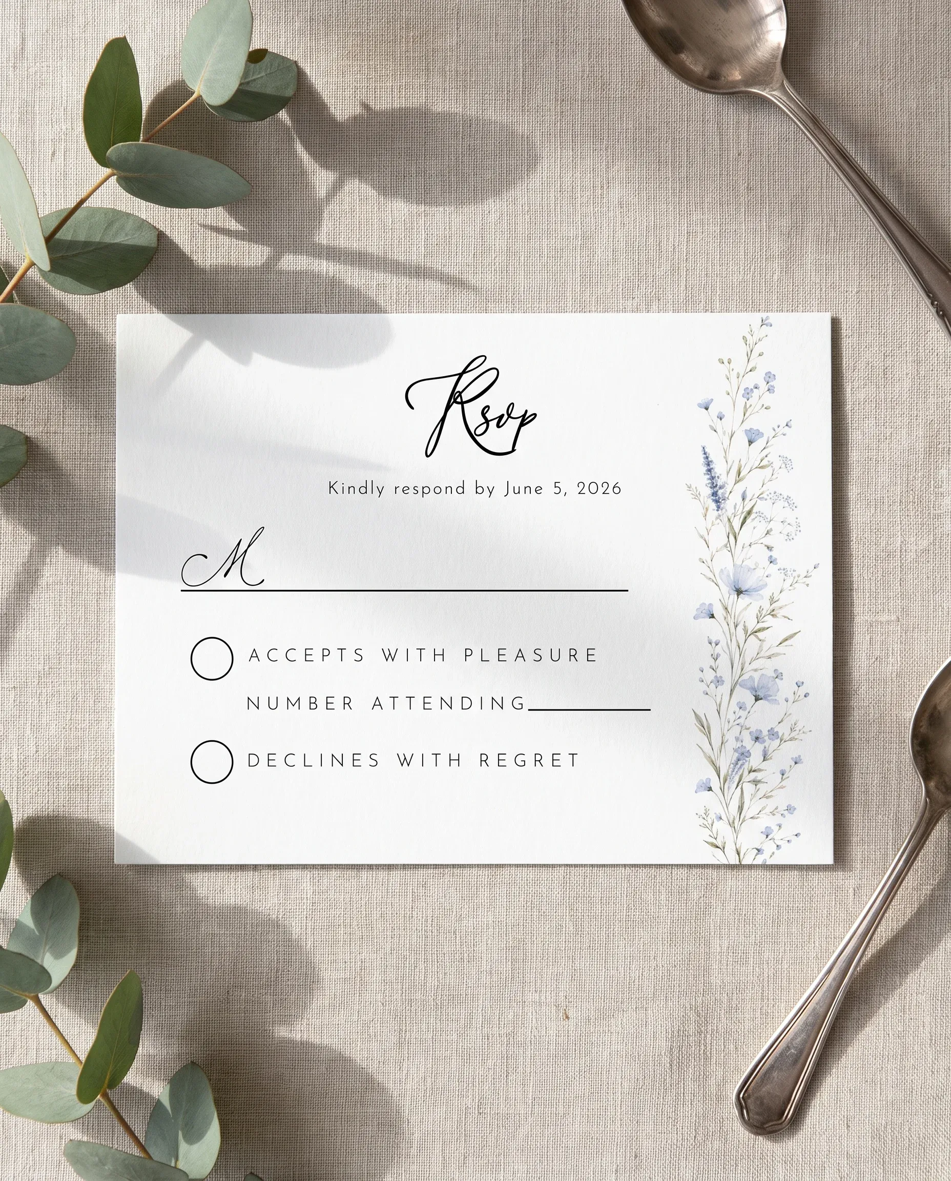 Azure Sprig wedding invitation suite — RSVP card shown in a flat lay, wedding RSVP cards.