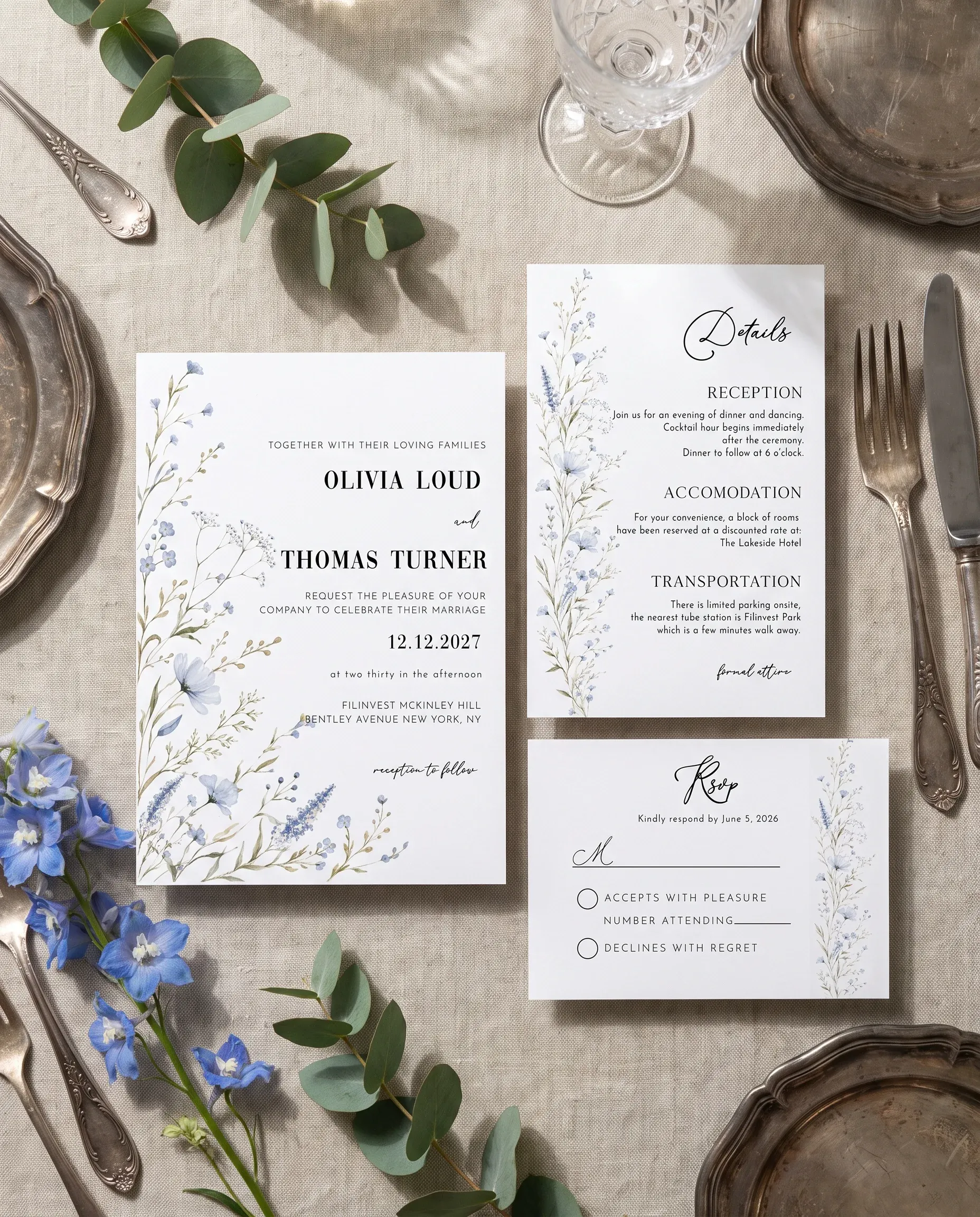 Azure Sprig wedding invitation suite — invitation, details card and RSVP shown in a flat lay under soft natural light, wedding invitation templates