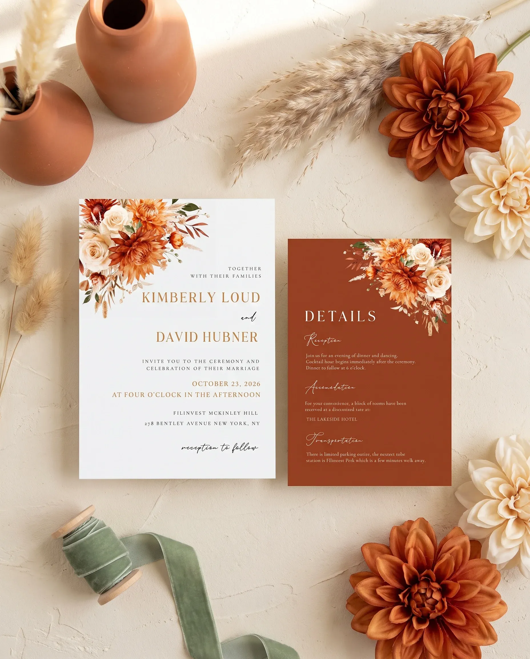 Marigold wedding invitation suite — invitation and details card shown in a flat lay under soft natural light, wedding details card.