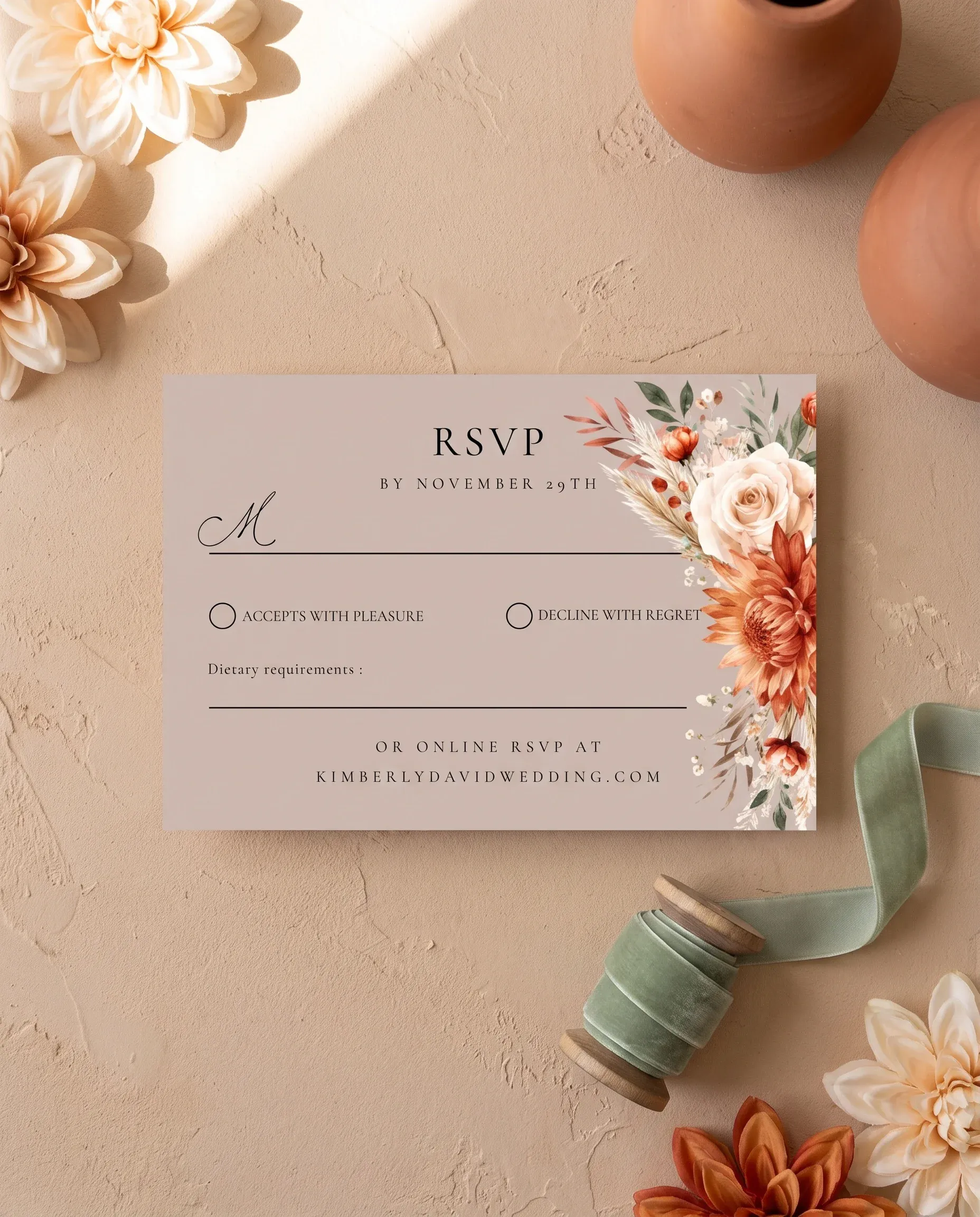 Marigold wedding invitation suite — RSVP card shown in a flat lay under soft overhead light, wedding RSVP cards.