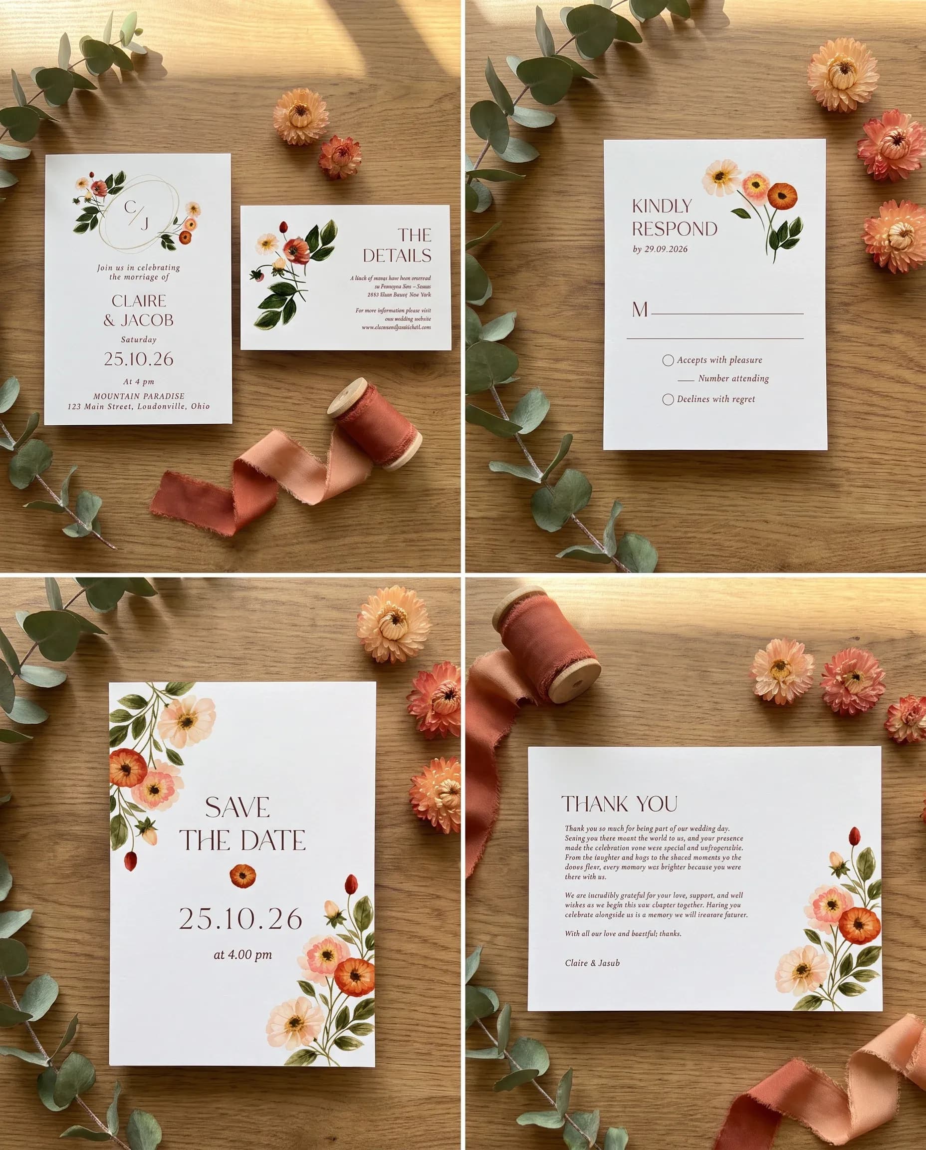 Eucalyptus Bloom wedding invitation set — Invitation, details card, RSVP, save the date and thank you card shown in a flat lay, wedding invitation suite