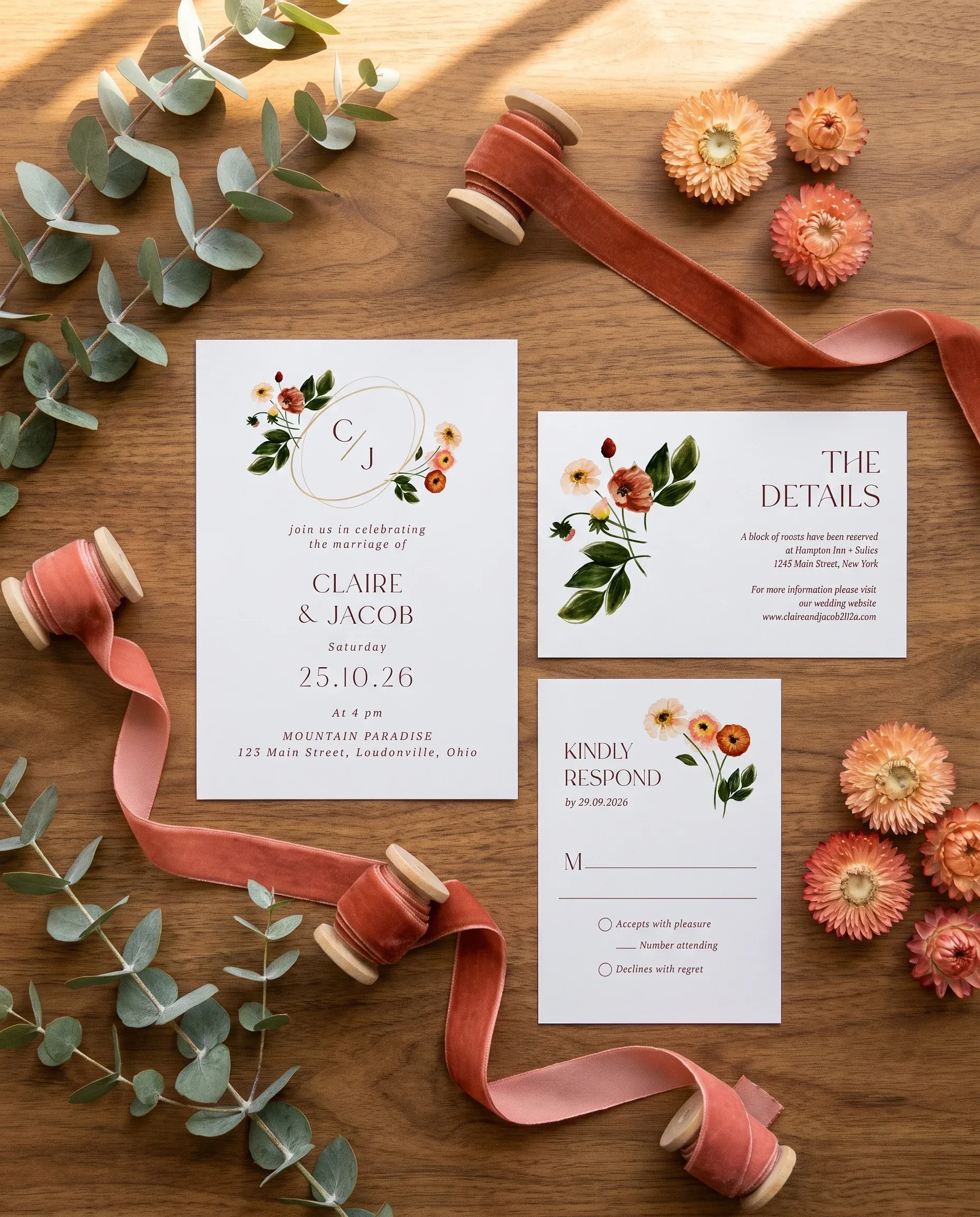 Eucalyptus Bloom wedding invitation set — Invitation, details card and RSVP card shown in a flat lay, printable wedding invitations