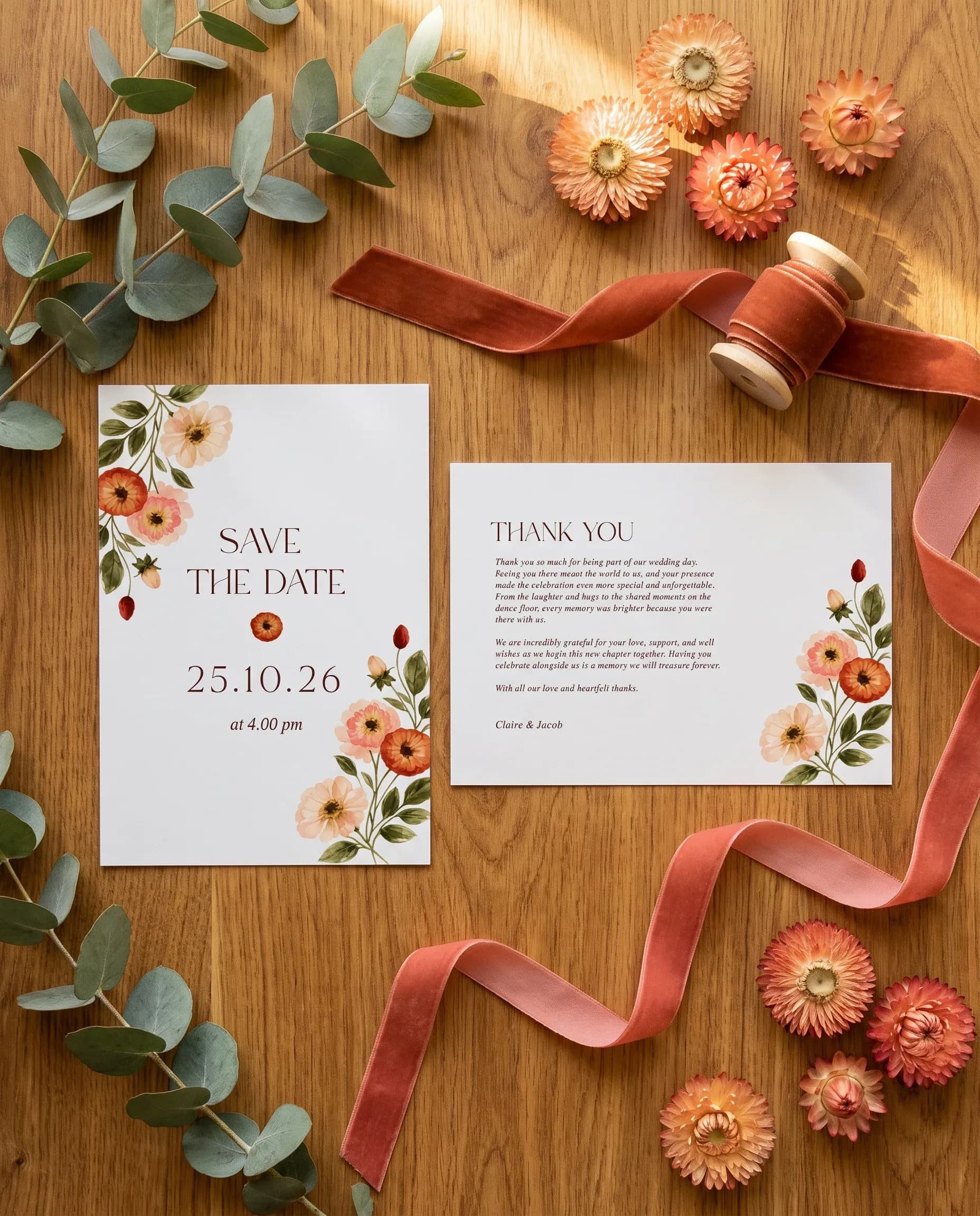 Eucalyptus Bloom wedding invitation set — Save the date and thank you card shown in a flat lay, wedding invitation templates