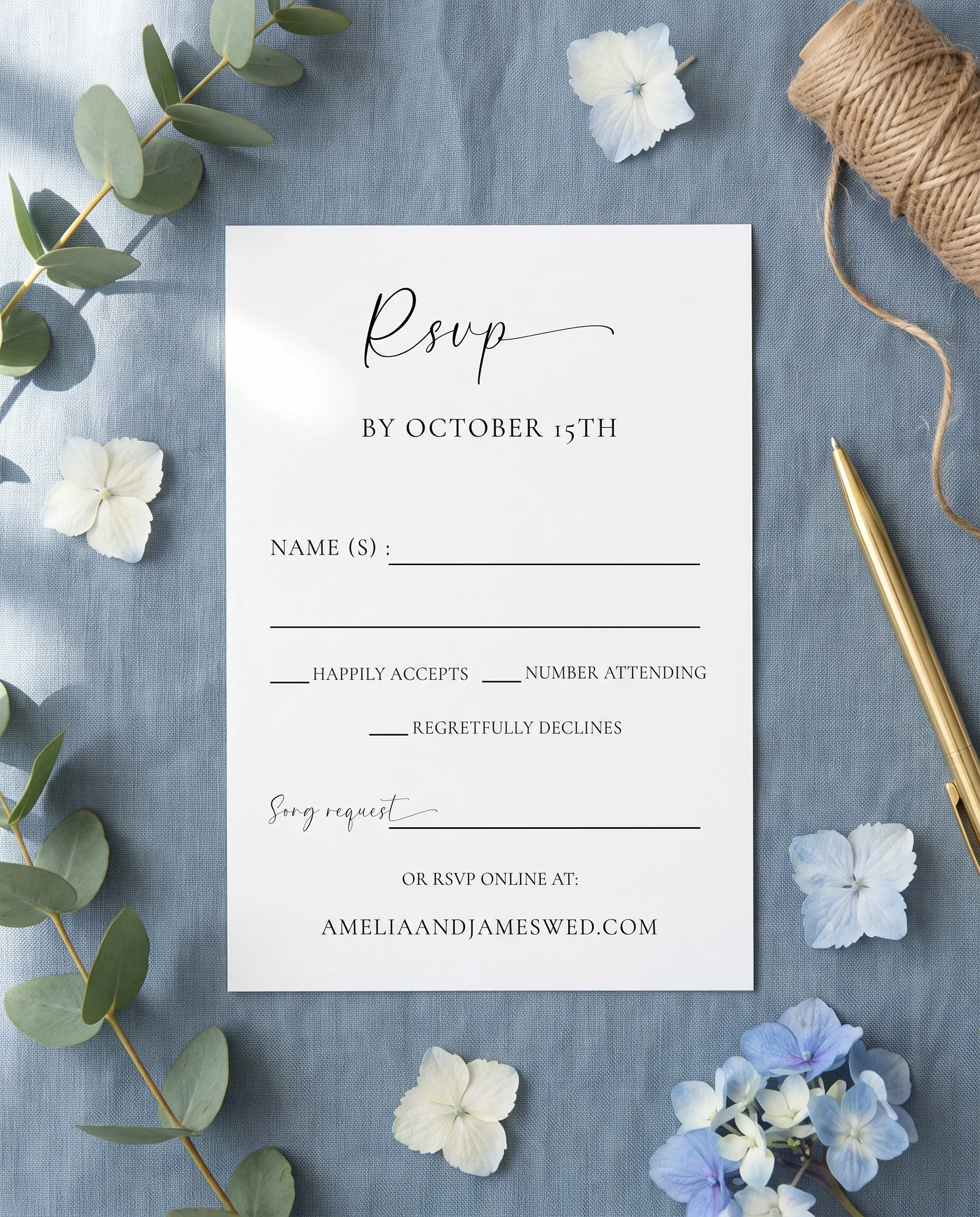 Arrow Crest wedding invitation suite — RSVP card shown in a flat lay under soft overhead light, wedding RSVP cards.