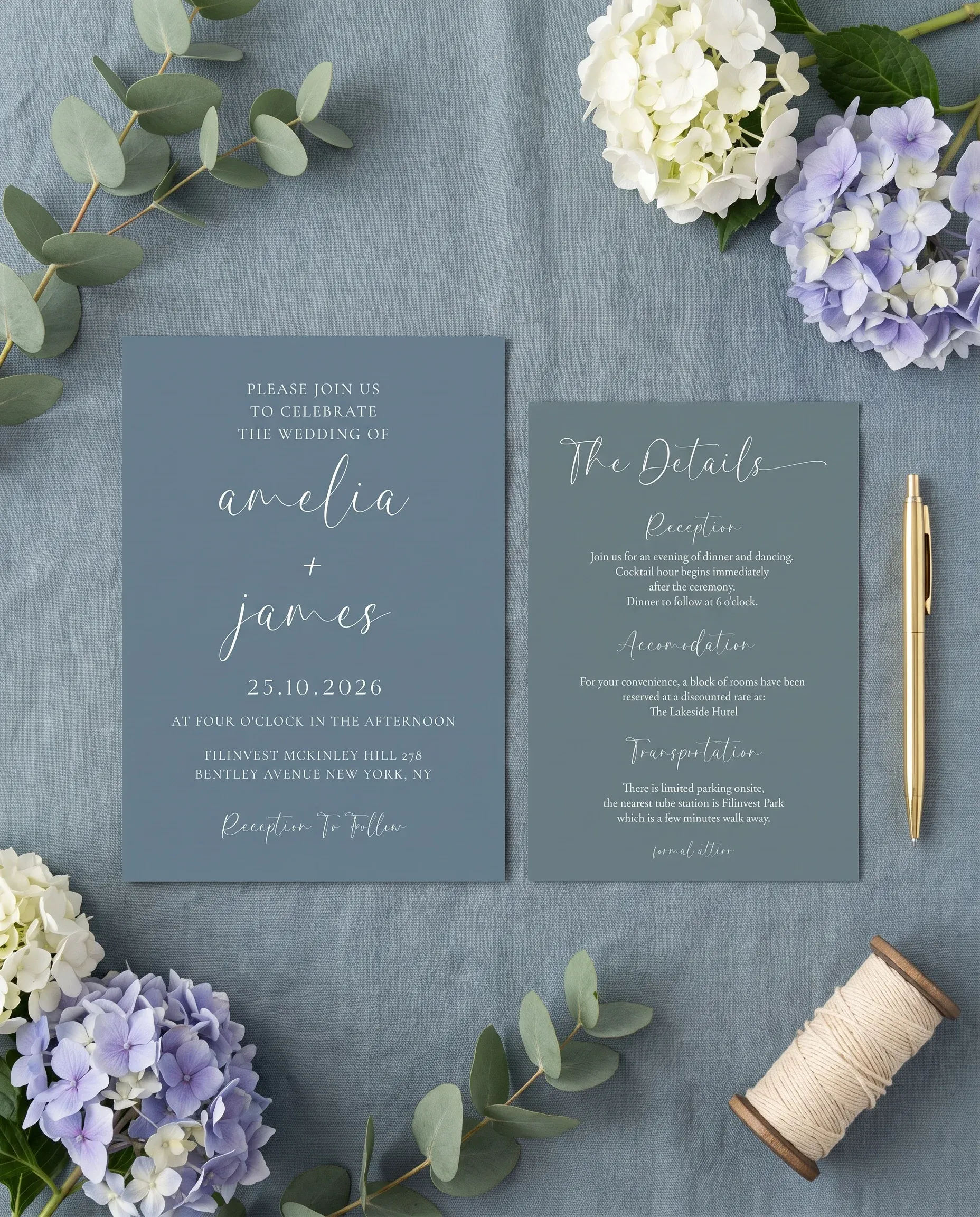Arrow Crest wedding invitation suite — invitation and details card arranged together in a flat lay under soft natural light, wedding details card