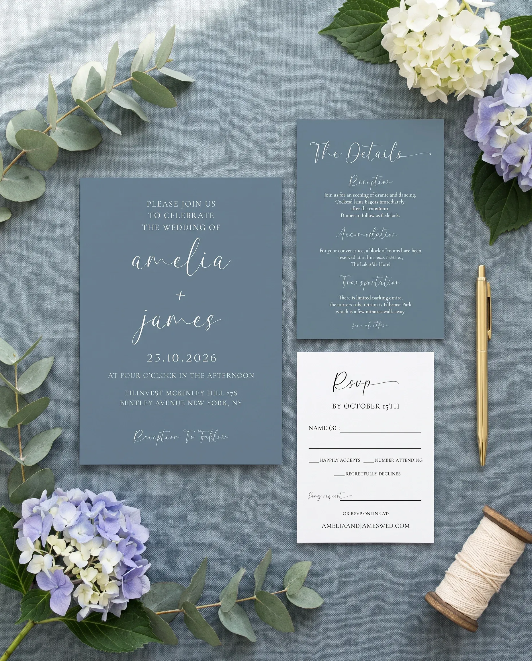 Arrow Crest wedding invitation suite — invitation, details card and RSVP shown in a flat lay, wedding invitation templates.